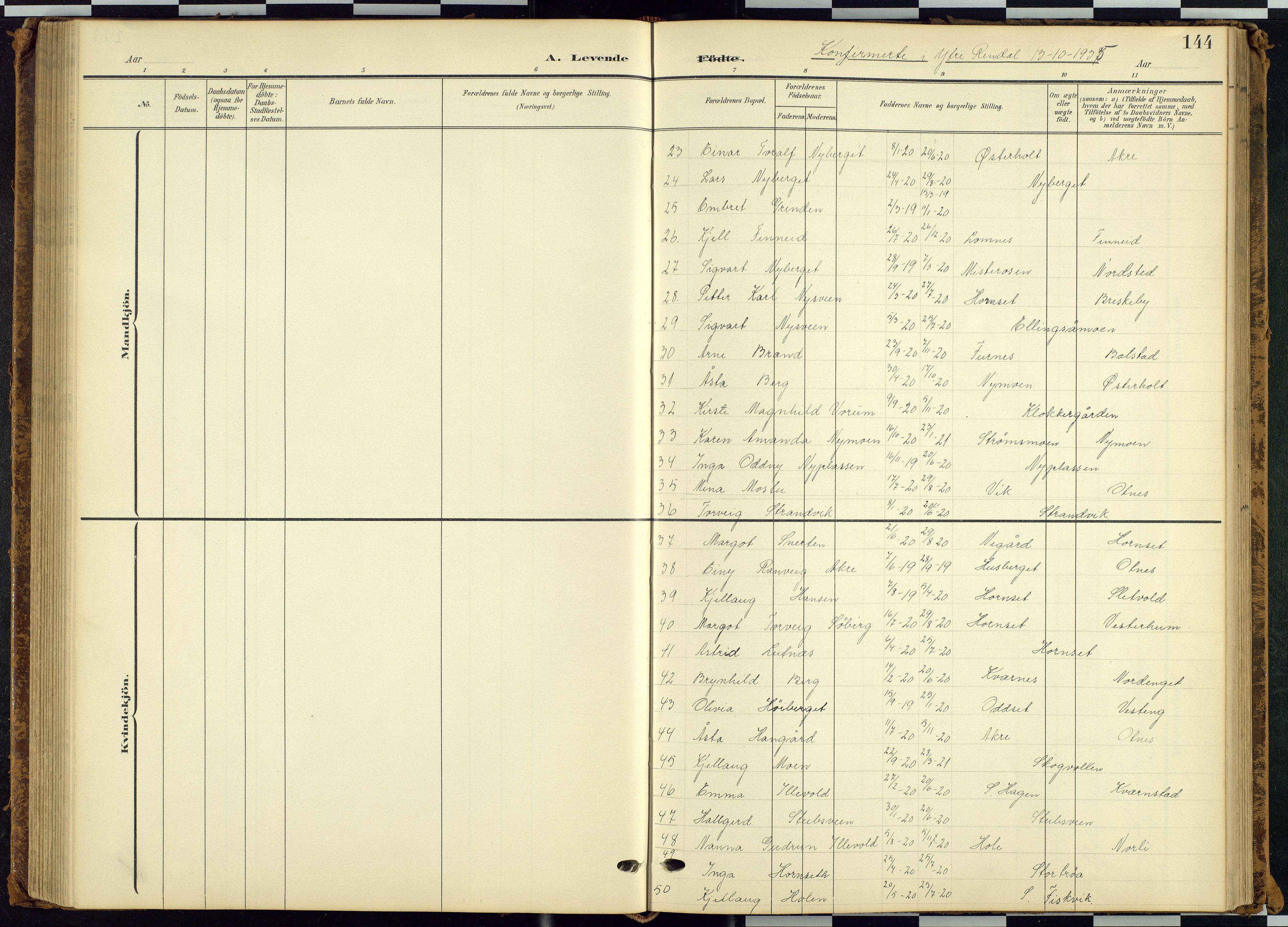 Rendalen prestekontor, SAH/PREST-054/H/Ha/Hab/L0010: Parish register (copy) no. 10, 1903-1940, p. 144