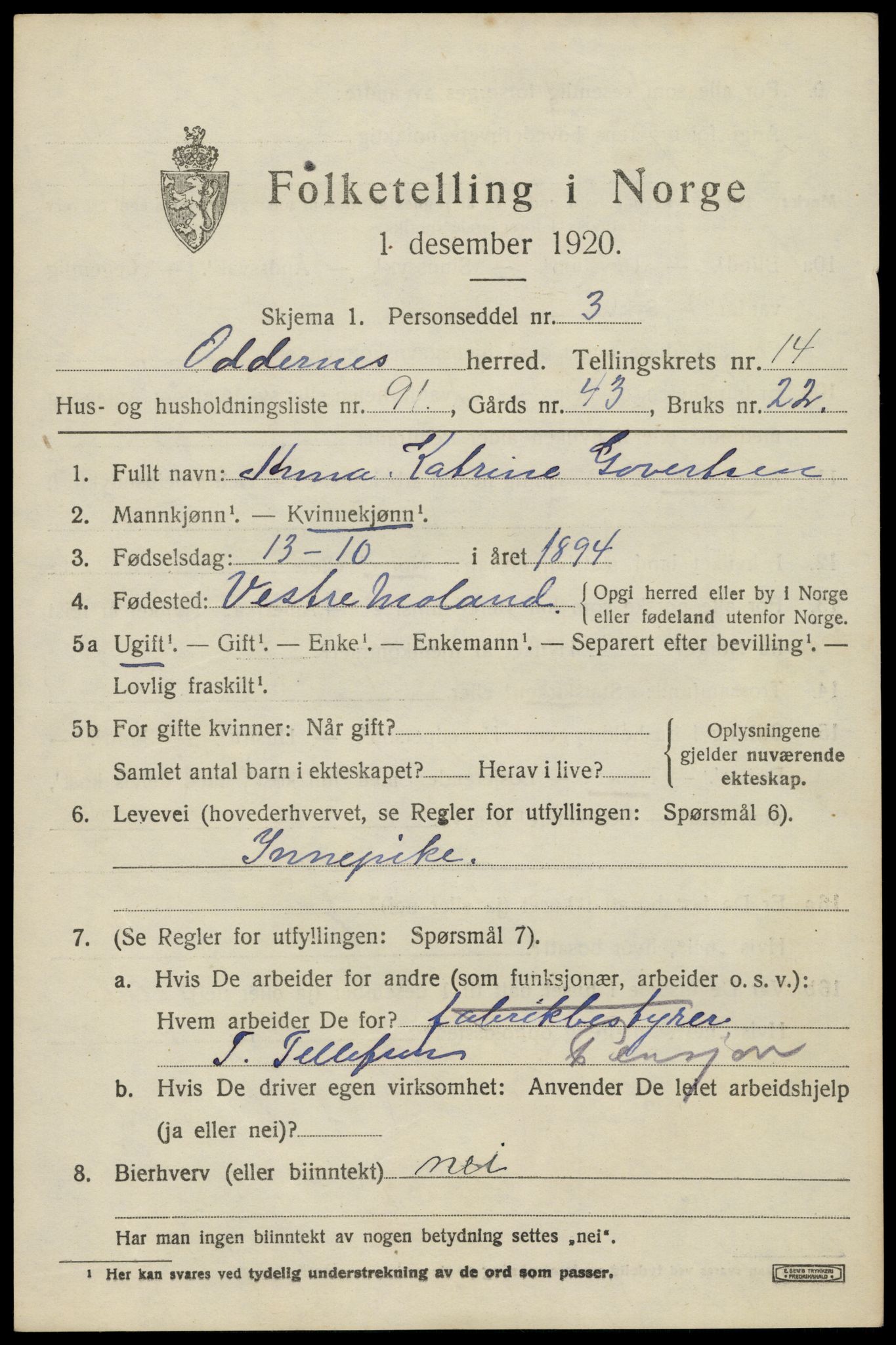 SAK, 1920 census for Oddernes, 1920, p. 9671