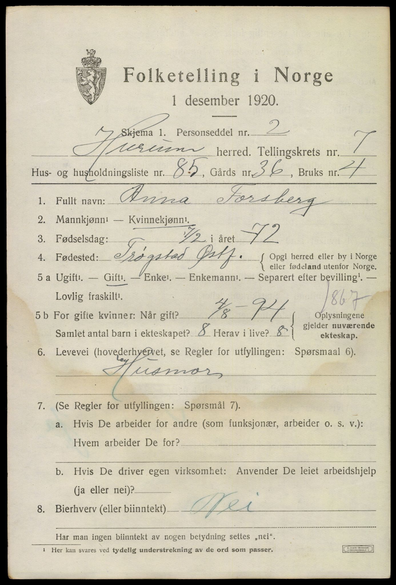 SAKO, 1920 census for Hurum, 1920, p. 10070