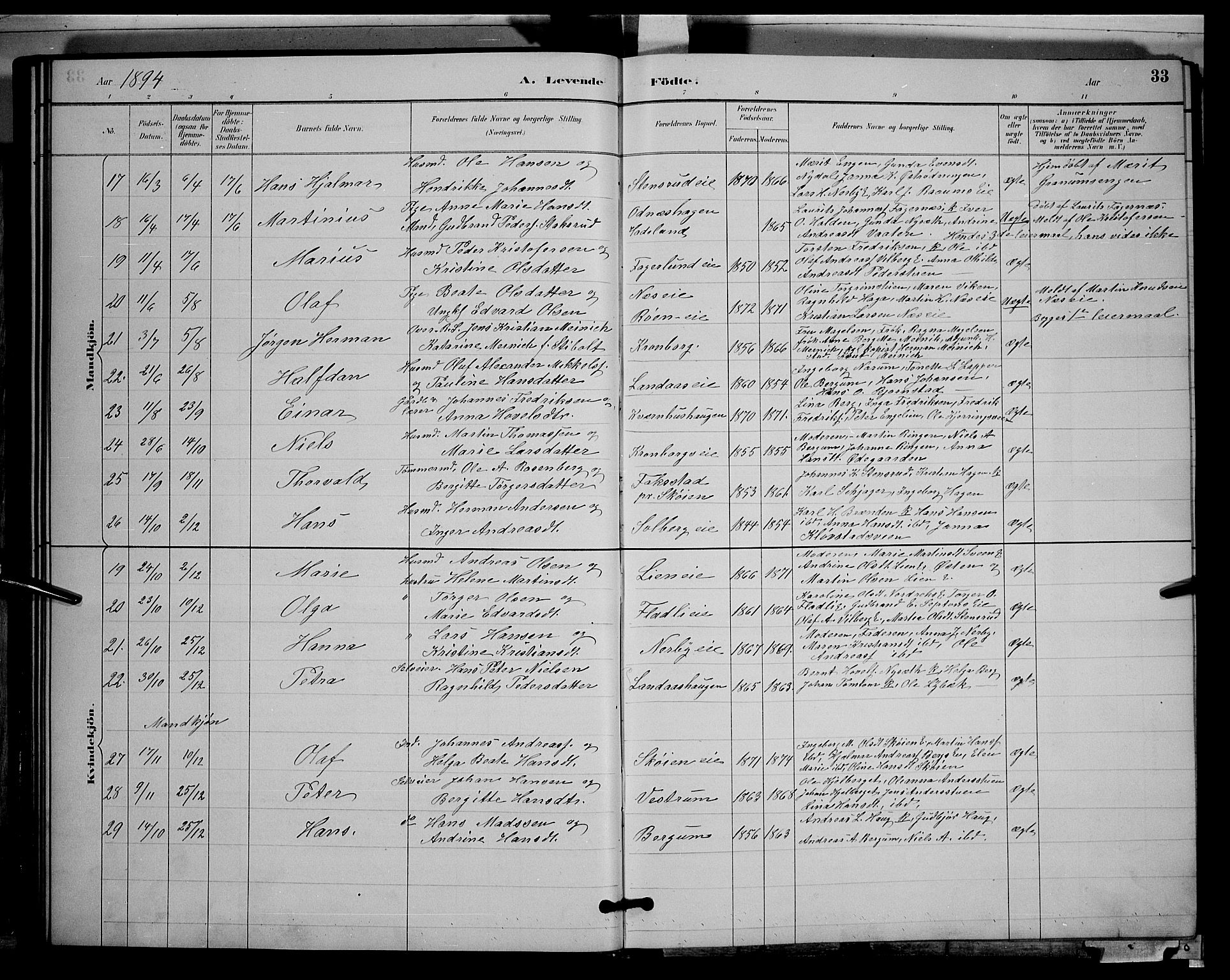 Søndre Land prestekontor, SAH/PREST-122/L/L0003: Parish register (copy) no. 3, 1884-1902, p. 33