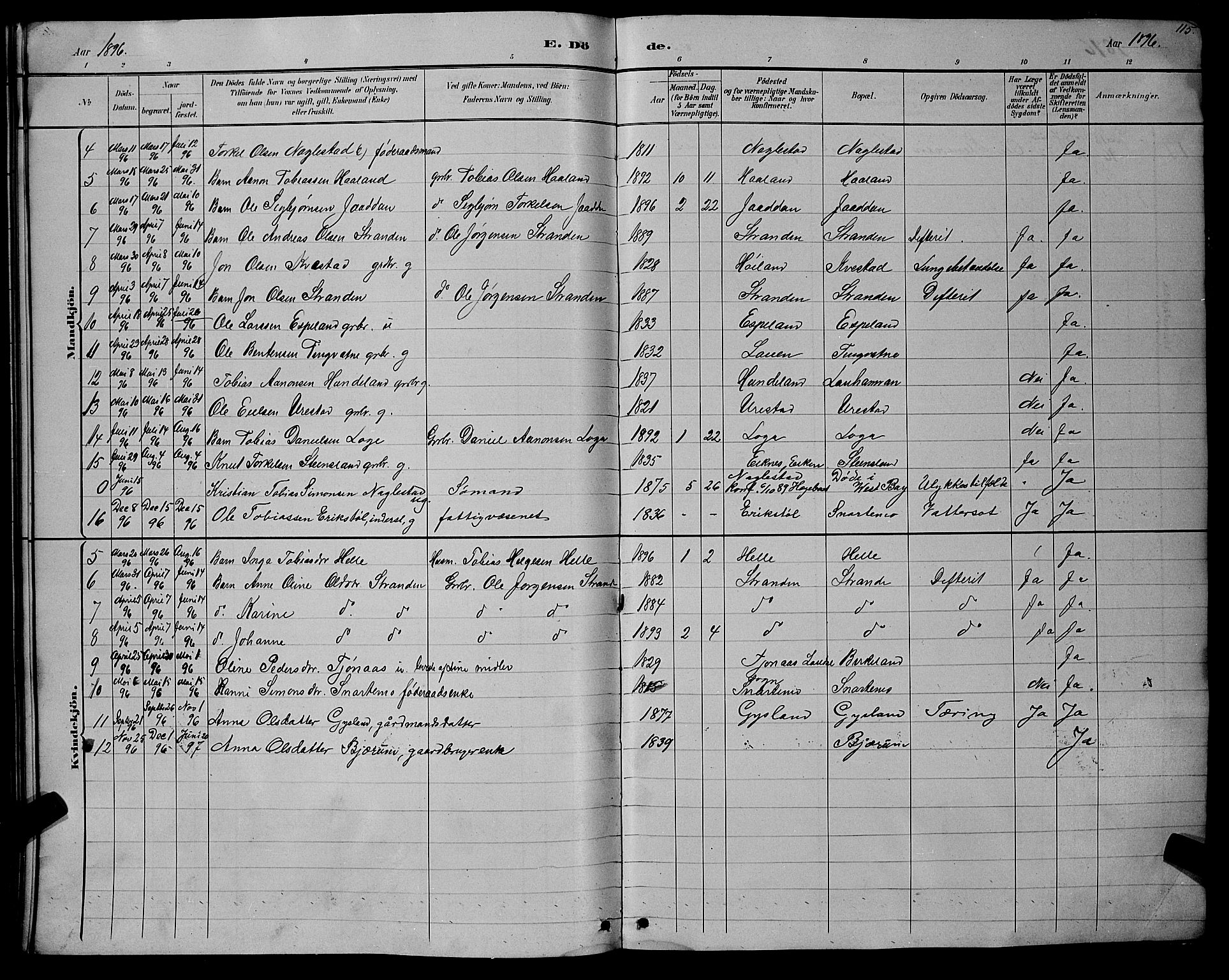 Hægebostad sokneprestkontor, SAK/1111-0024/F/Fb/Fba/L0003: Parish register (copy) no. B 3, 1883-1896, p. 115