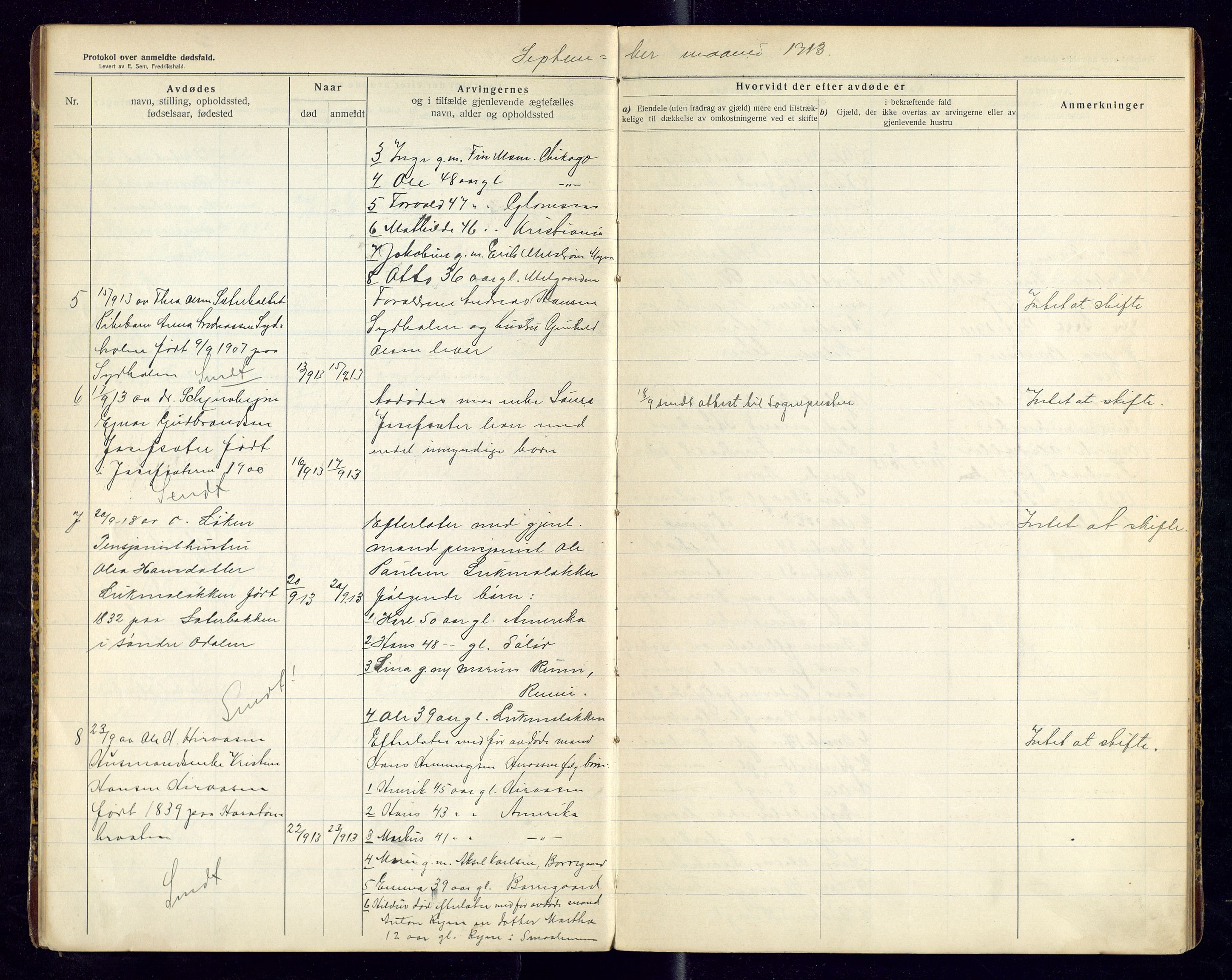 Sør-Odal lensmannskontor, SAH/LHS-022/H/Hb/L0002/0001: Protokoller over anmeldte dødsfall / Protokoll over anmeldte dødsfall, 1913-1915