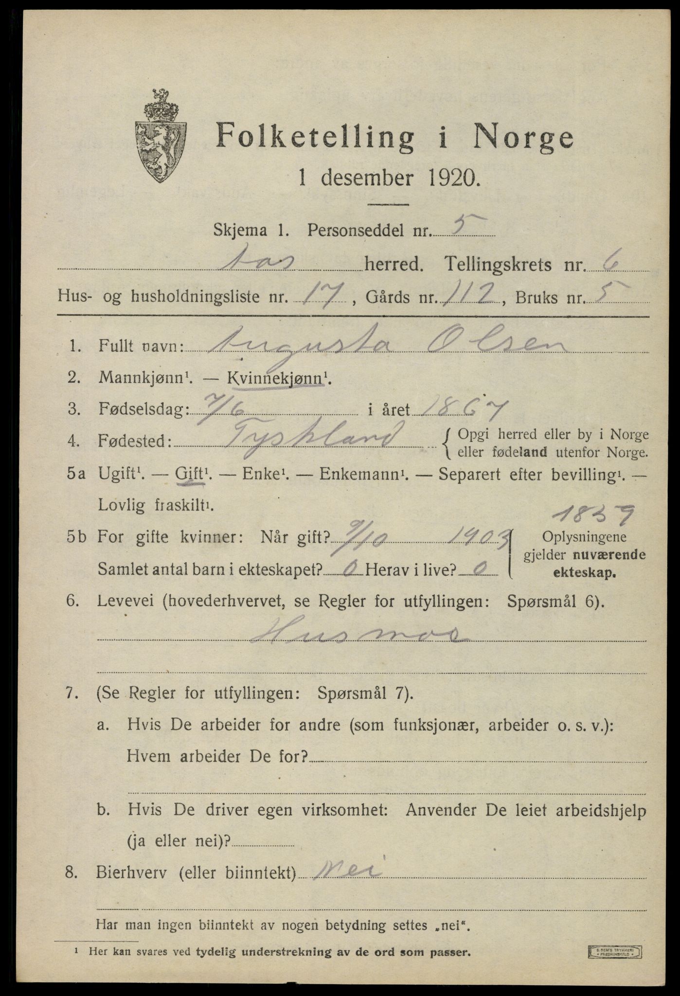 SAO, 1920 census for Ås, 1920, p. 7024