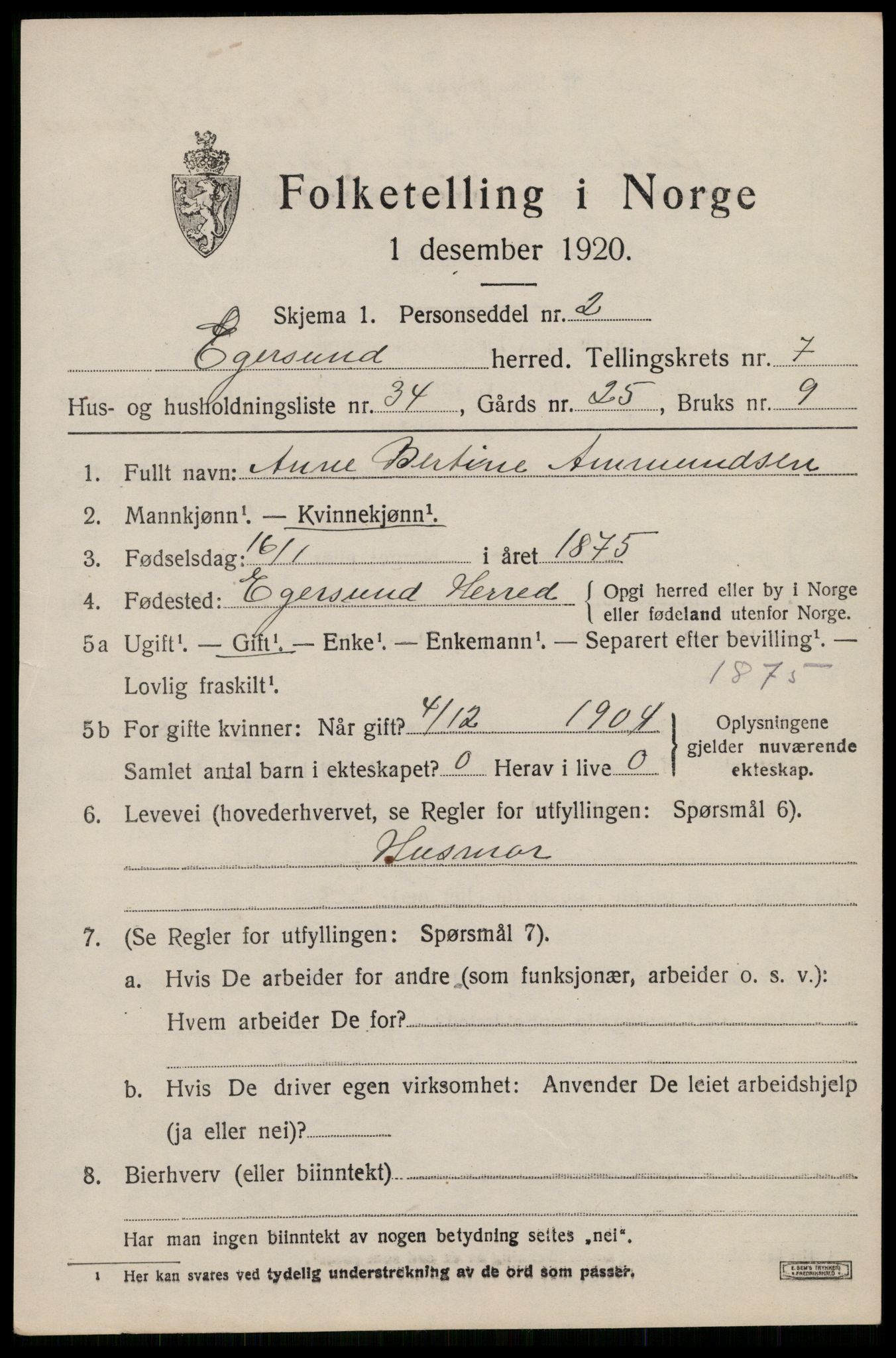 SAST, 1920 census for Eigersund, 1920, p. 5045