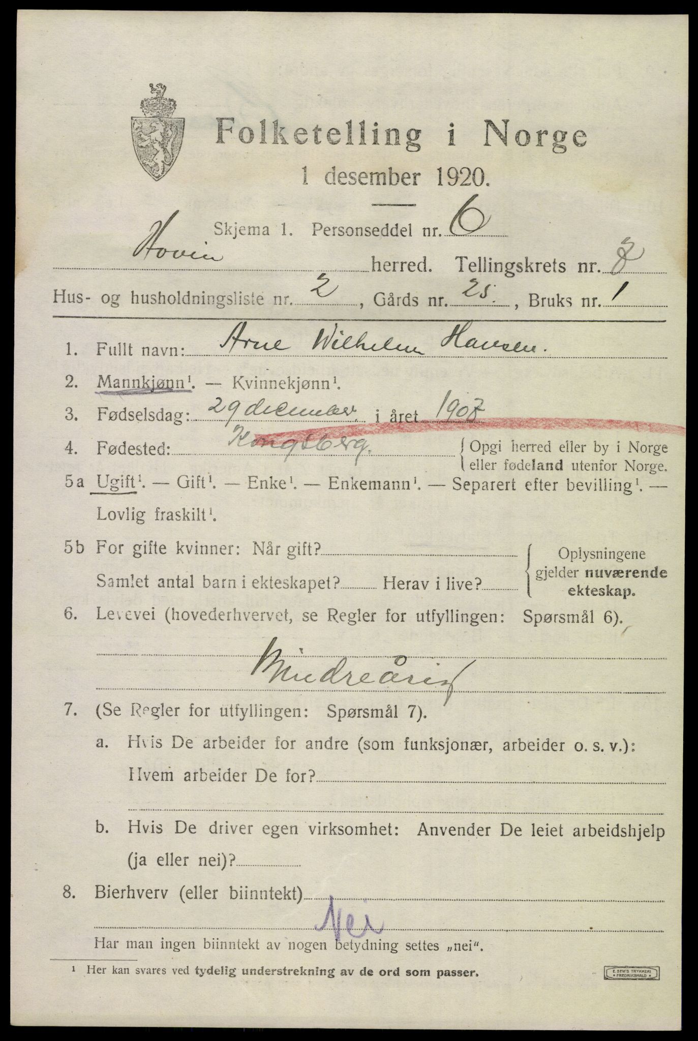 SAKO, 1920 census for Hovin, 1920, p. 1715
