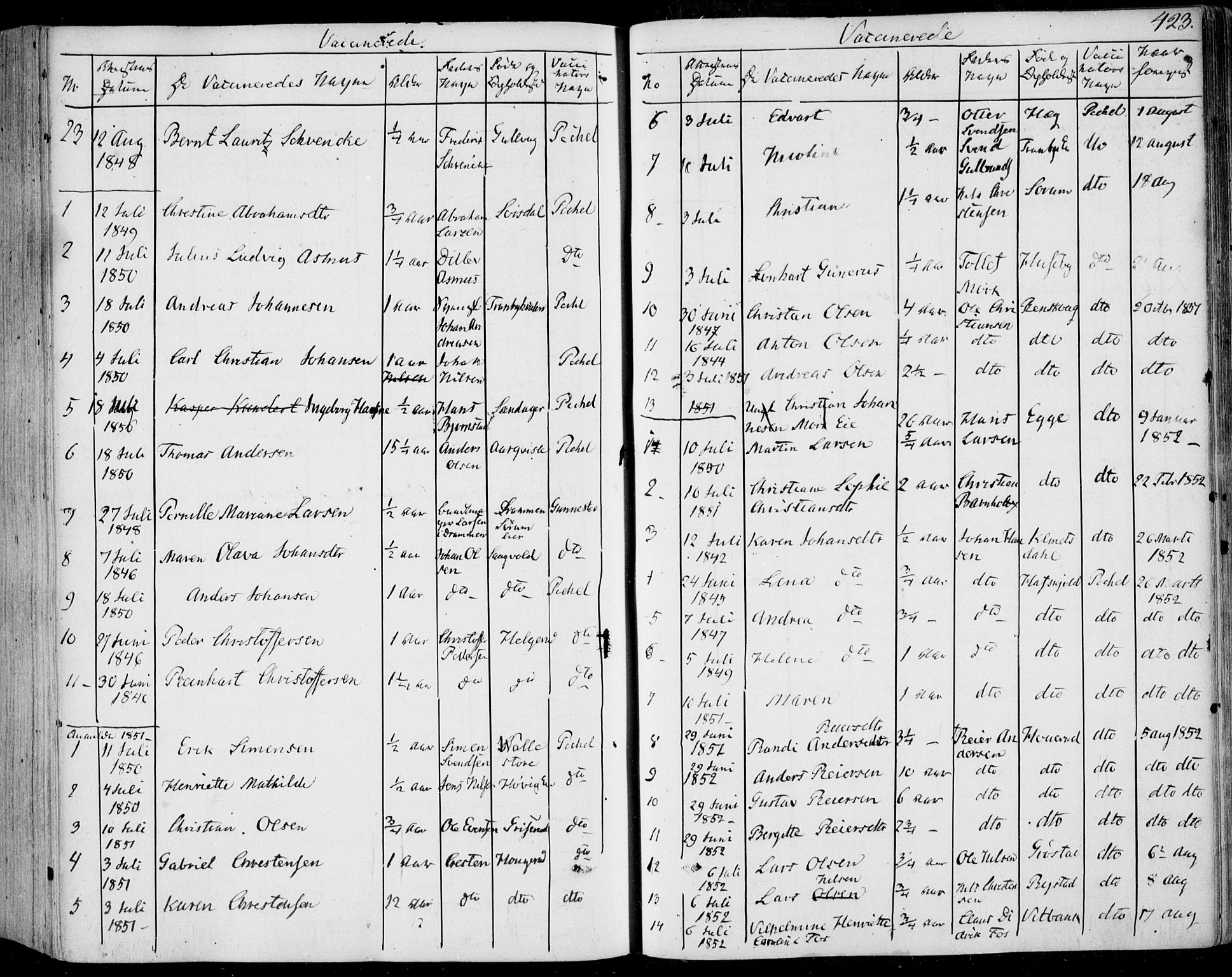 Lier kirkebøker, AV/SAKO-A-230/F/Fa/L0011: Parish register (official) no. I 11, 1843-1854, p. 423