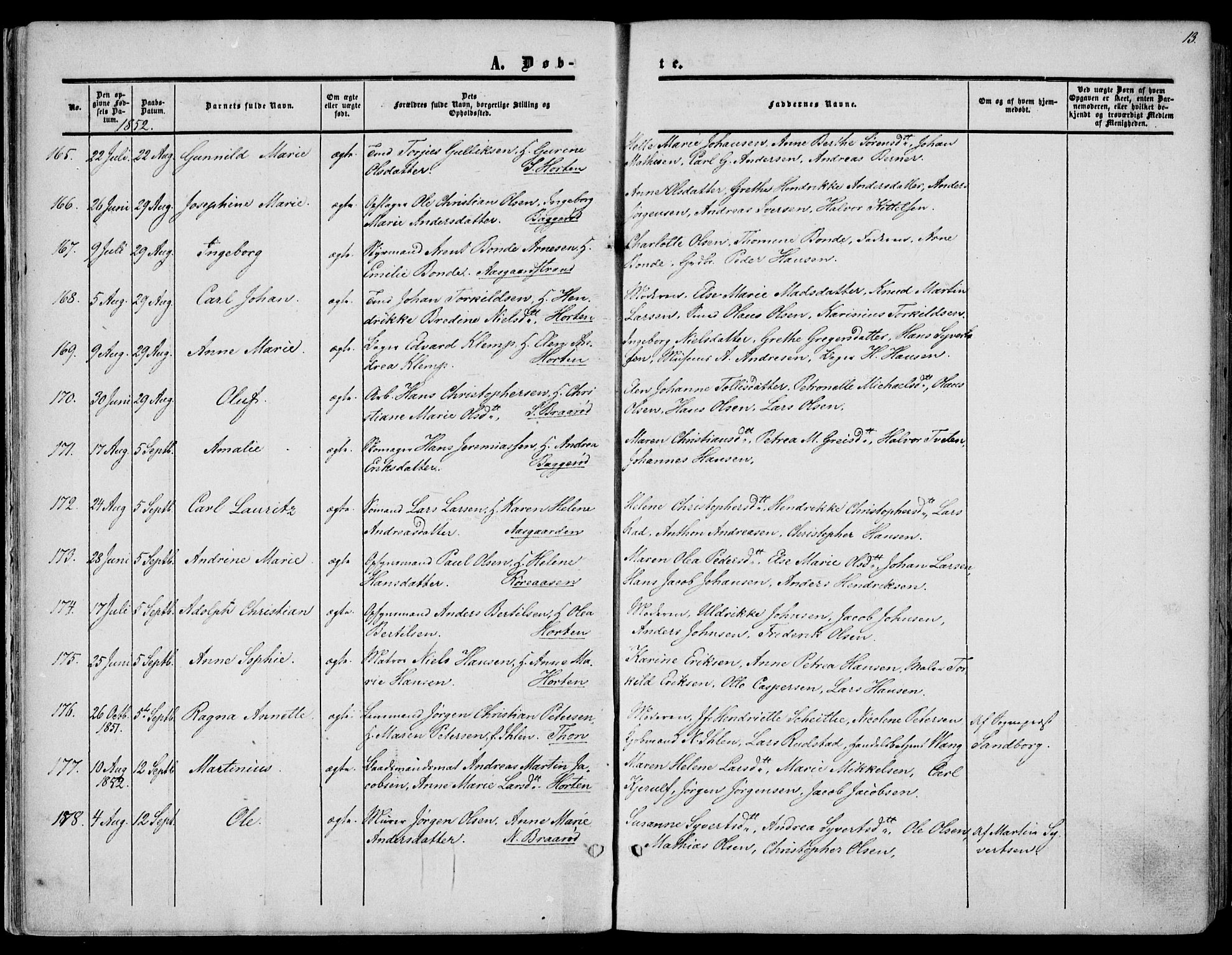 Borre kirkebøker, AV/SAKO-A-338/F/Fa/L0006: Parish register (official) no. I 6, 1852-1862, p. 13