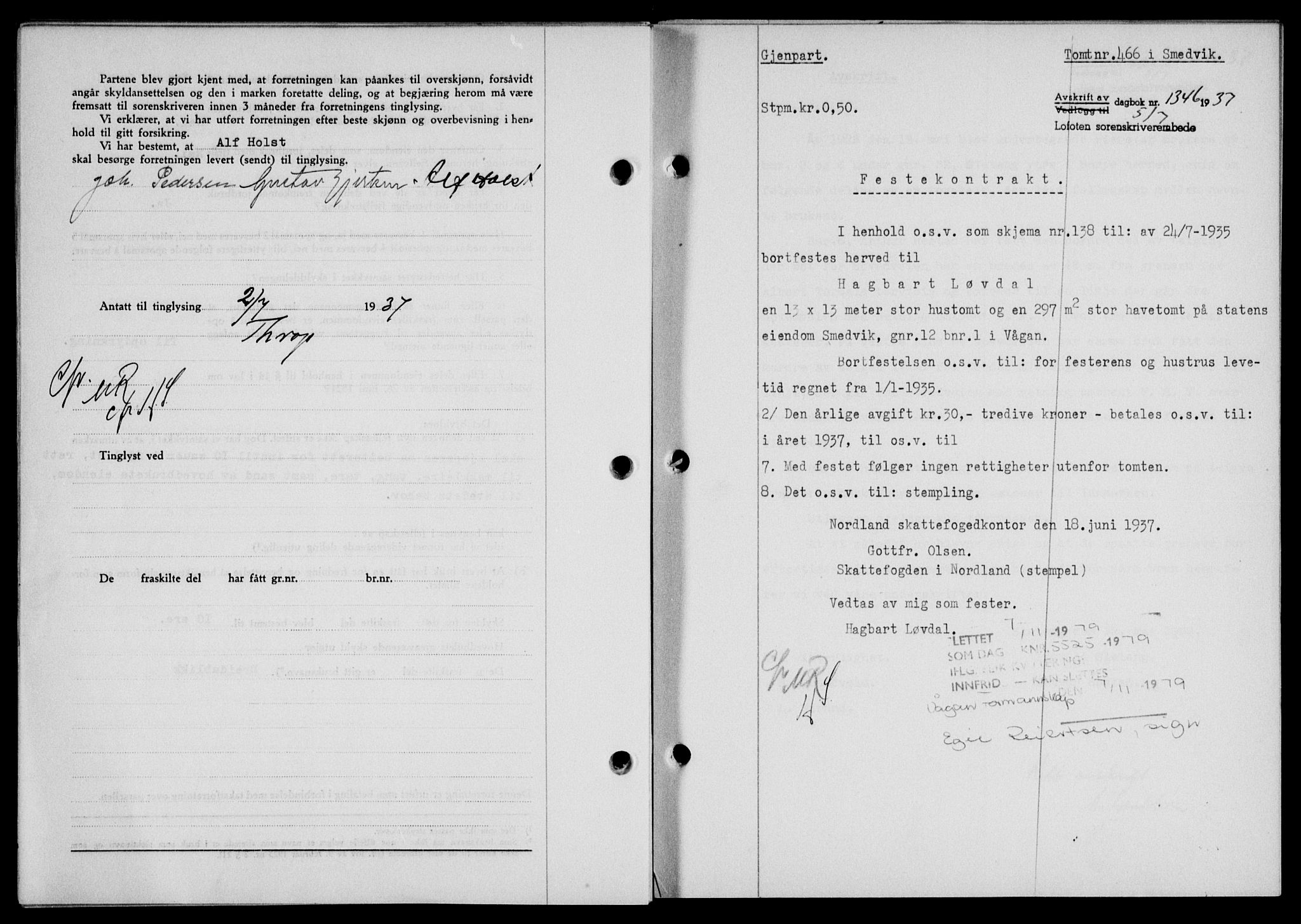 Lofoten sorenskriveri, SAT/A-0017/1/2/2C/L0002a: Mortgage book no. 2a, 1937-1937, Diary no: : 1346/1937
