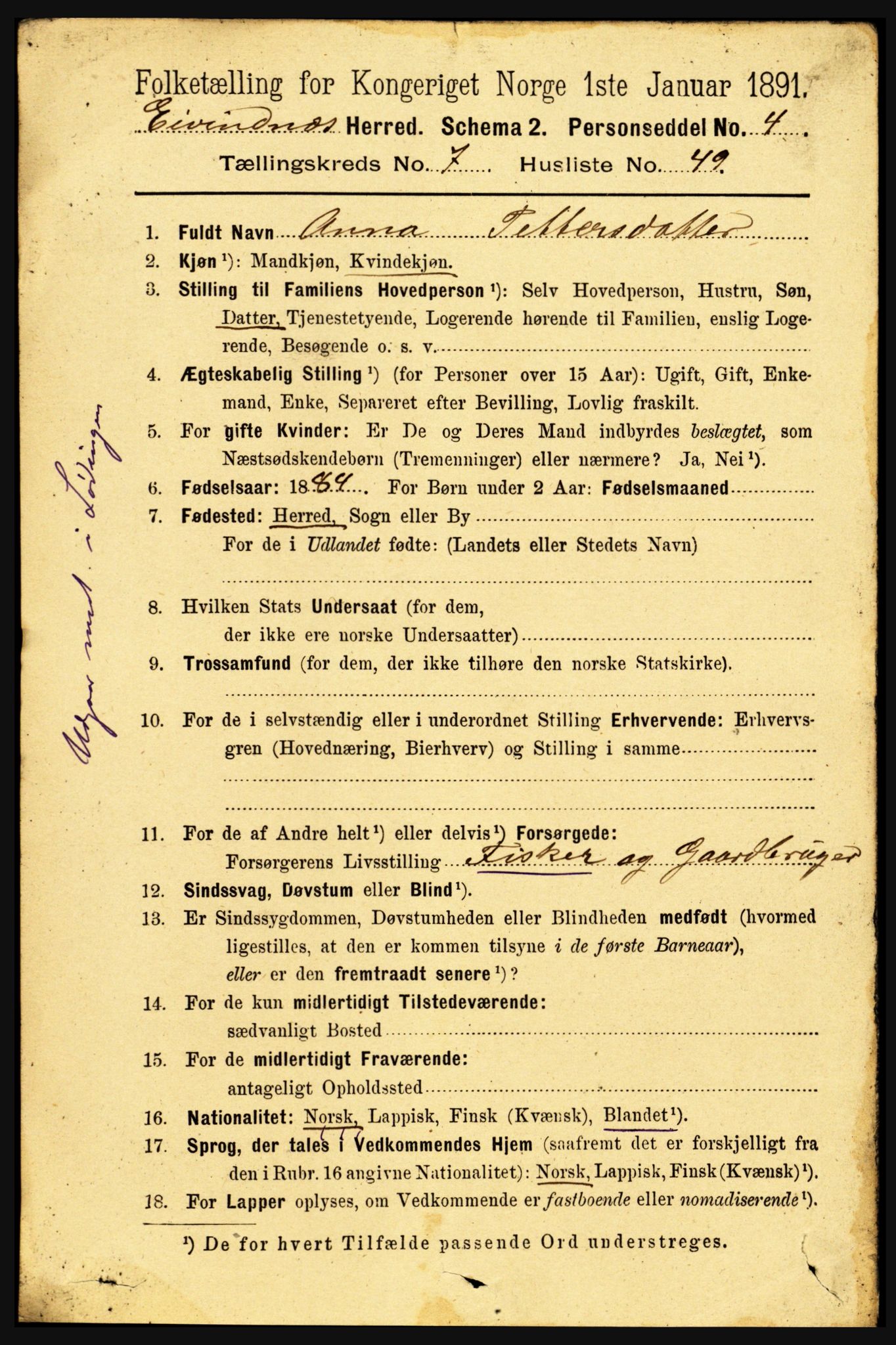 RA, 1891 census for 1853 Evenes, 1891, p. 2465