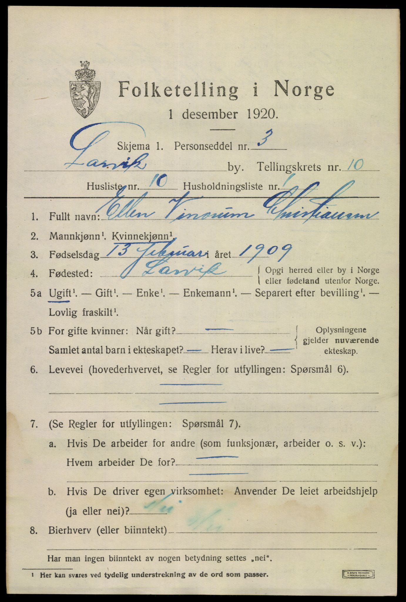 SAKO, 1920 census for Larvik, 1920, p. 26820