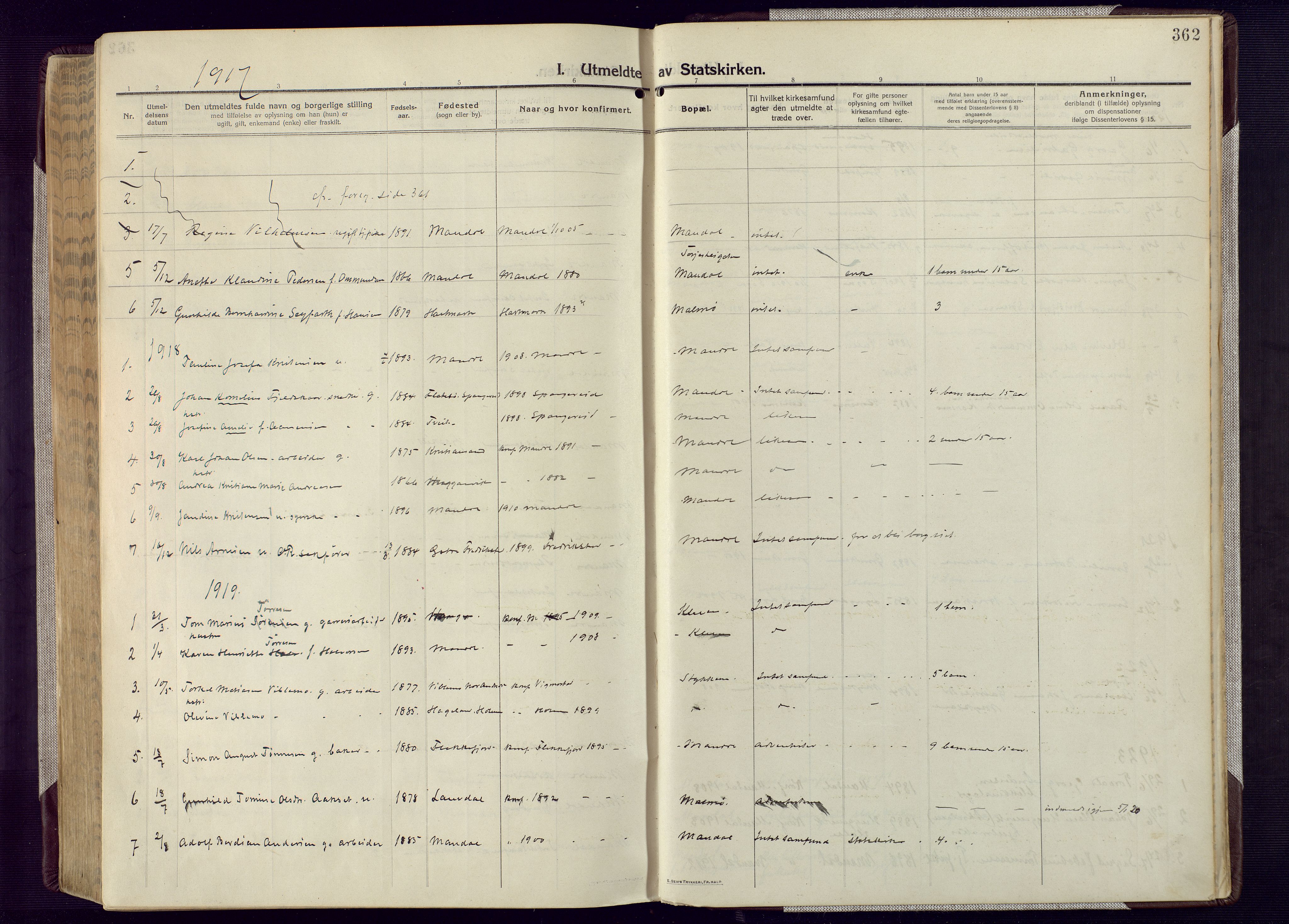 Mandal sokneprestkontor, SAK/1111-0030/F/Fa/Fac/L0001: Parish register (official) no. A 1, 1913-1925, p. 362