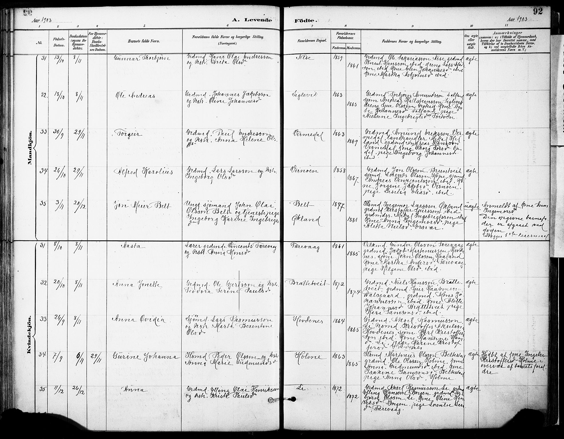 Tysnes sokneprestembete, AV/SAB-A-78601/H/Haa: Parish register (official) no. D 1, 1887-1904, p. 92