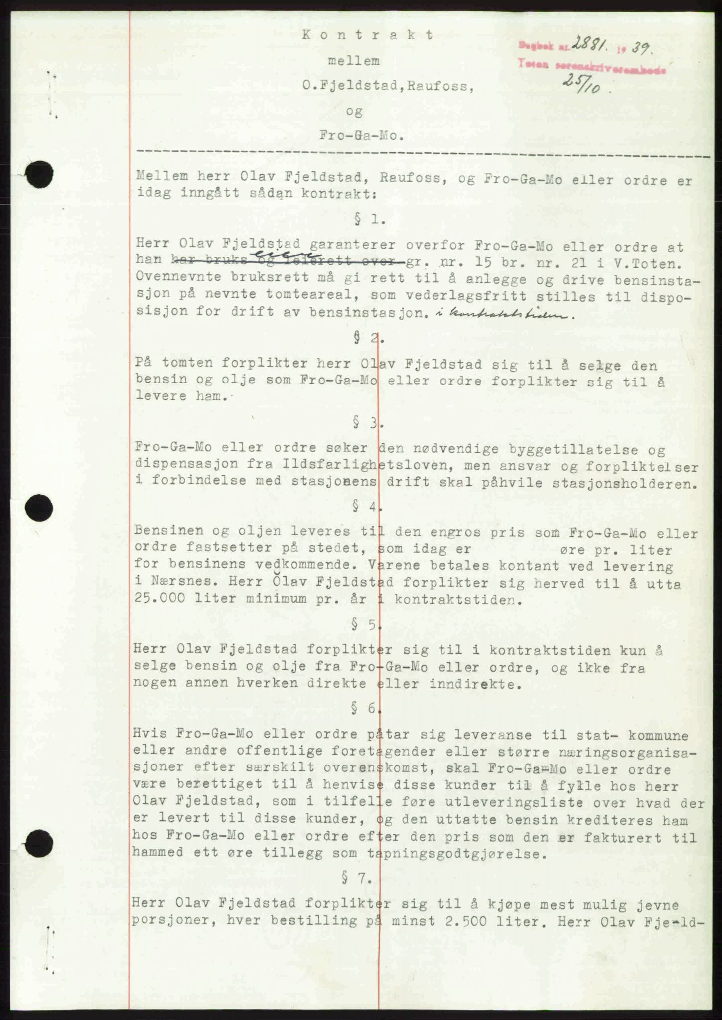Toten tingrett, SAH/TING-006/H/Hb/Hbc/L0006: Mortgage book no. Hbc-06, 1939-1939, Diary no: : 2881/1939