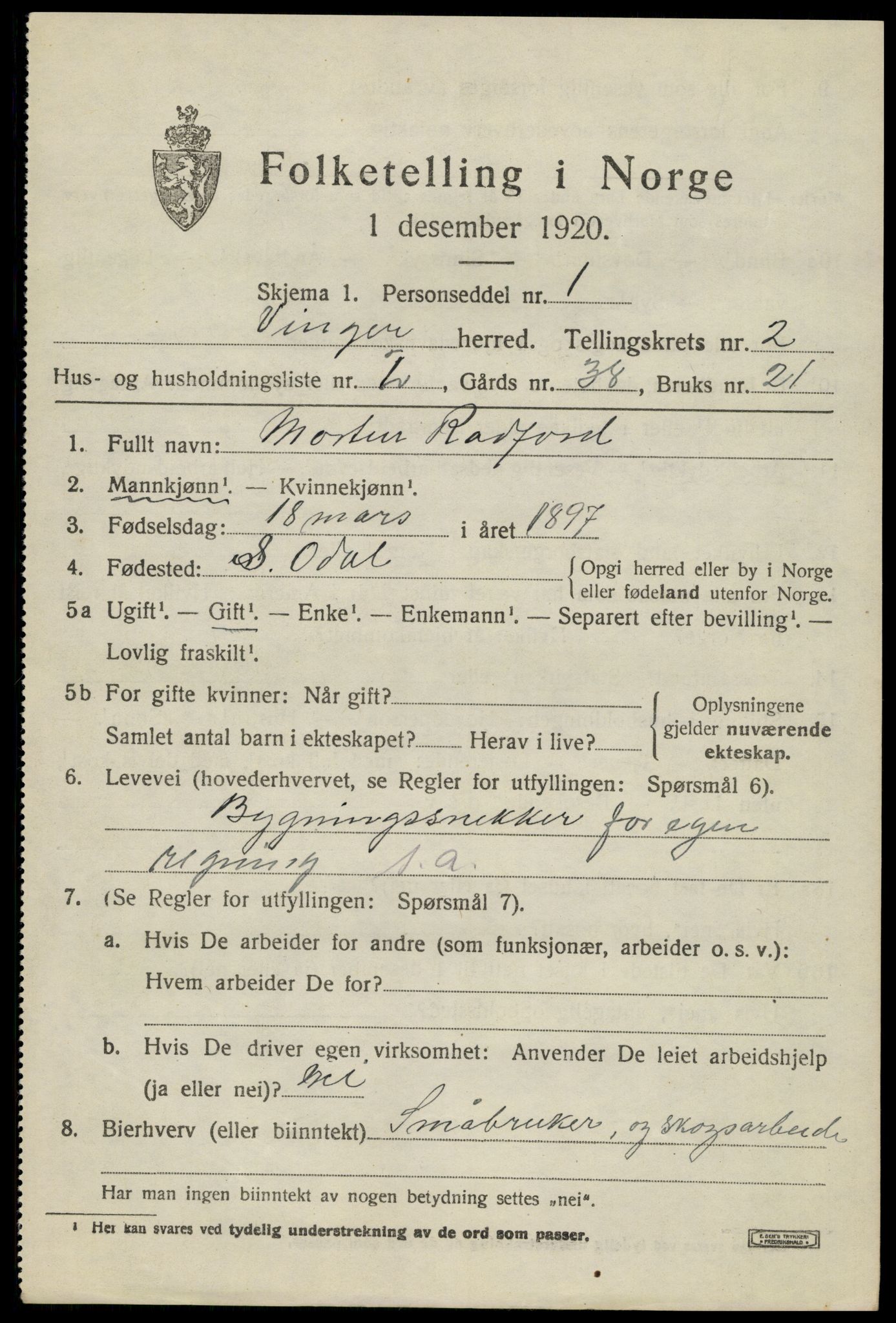 SAH, 1920 census for Vinger, 1920, p. 3970