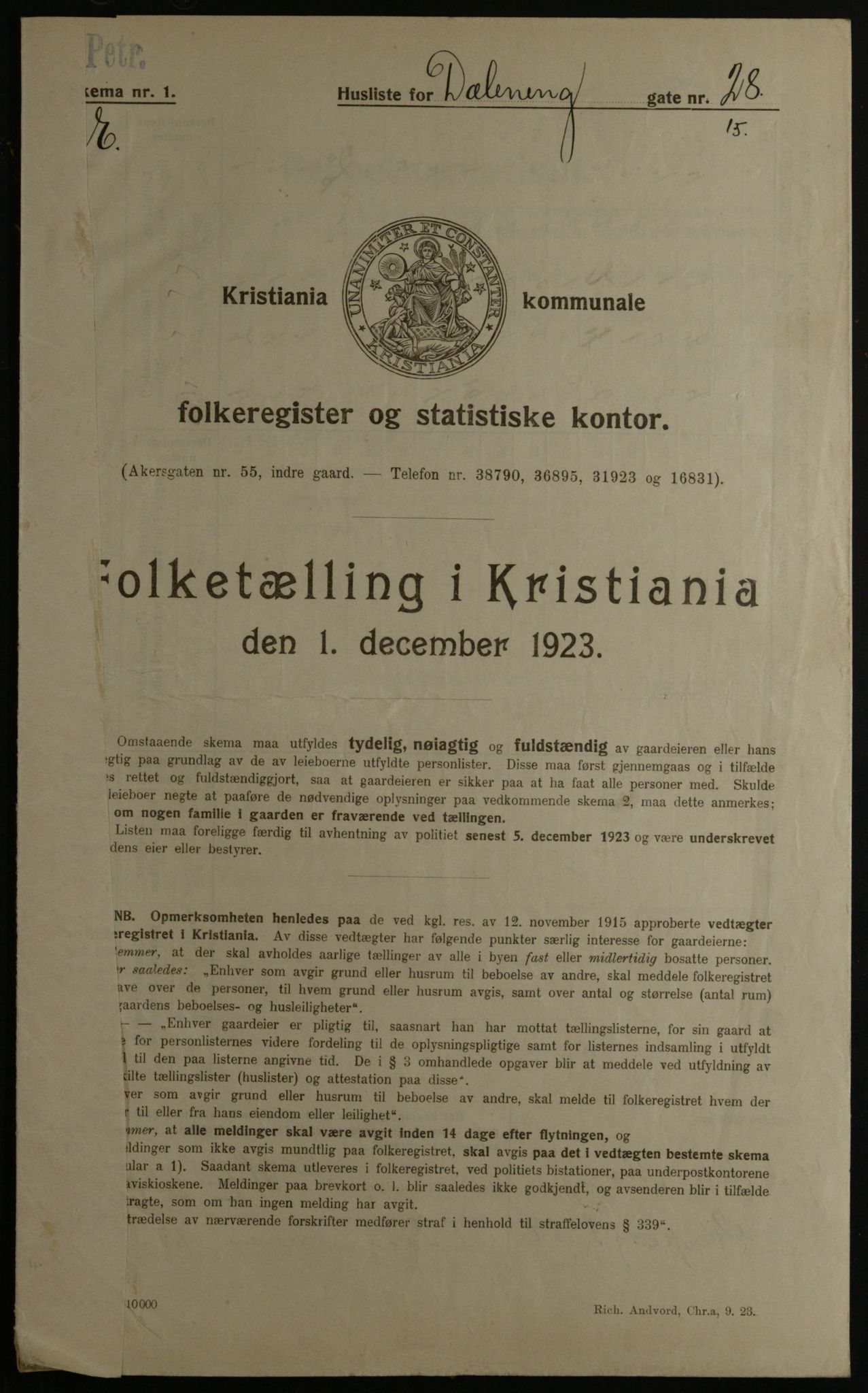 OBA, Municipal Census 1923 for Kristiania, 1923, p. 19665