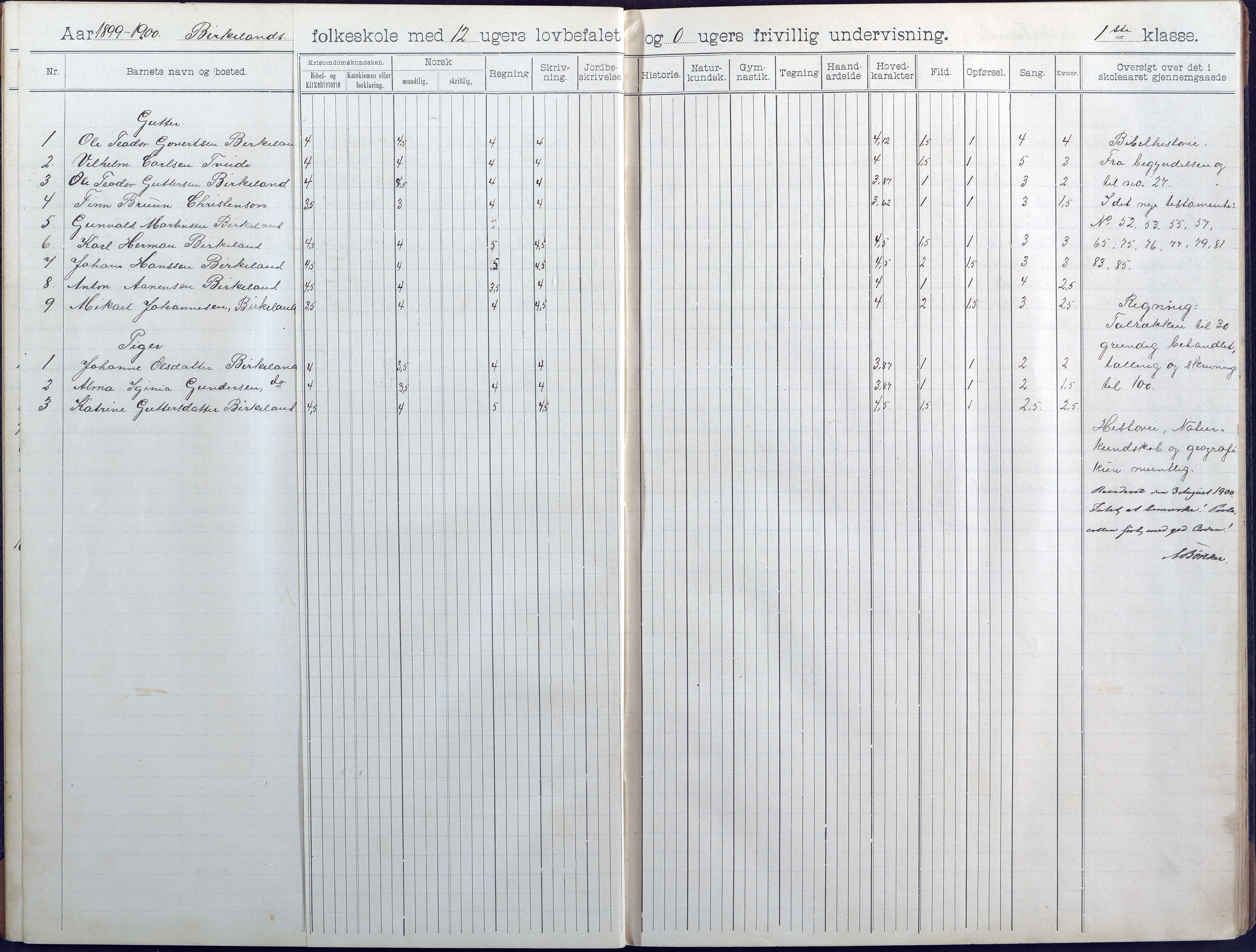 Birkenes kommune, Birkenes krets/Birkeland folkeskole frem til 1991, AAKS/KA0928-550a_91/F02/L0005: Skoleprotokoll, 1898-1911