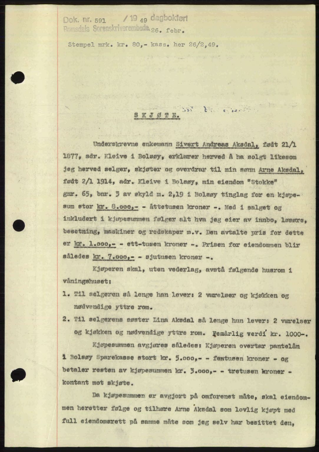 Romsdal sorenskriveri, AV/SAT-A-4149/1/2/2C: Mortgage book no. A28, 1948-1949, Diary no: : 591/1949