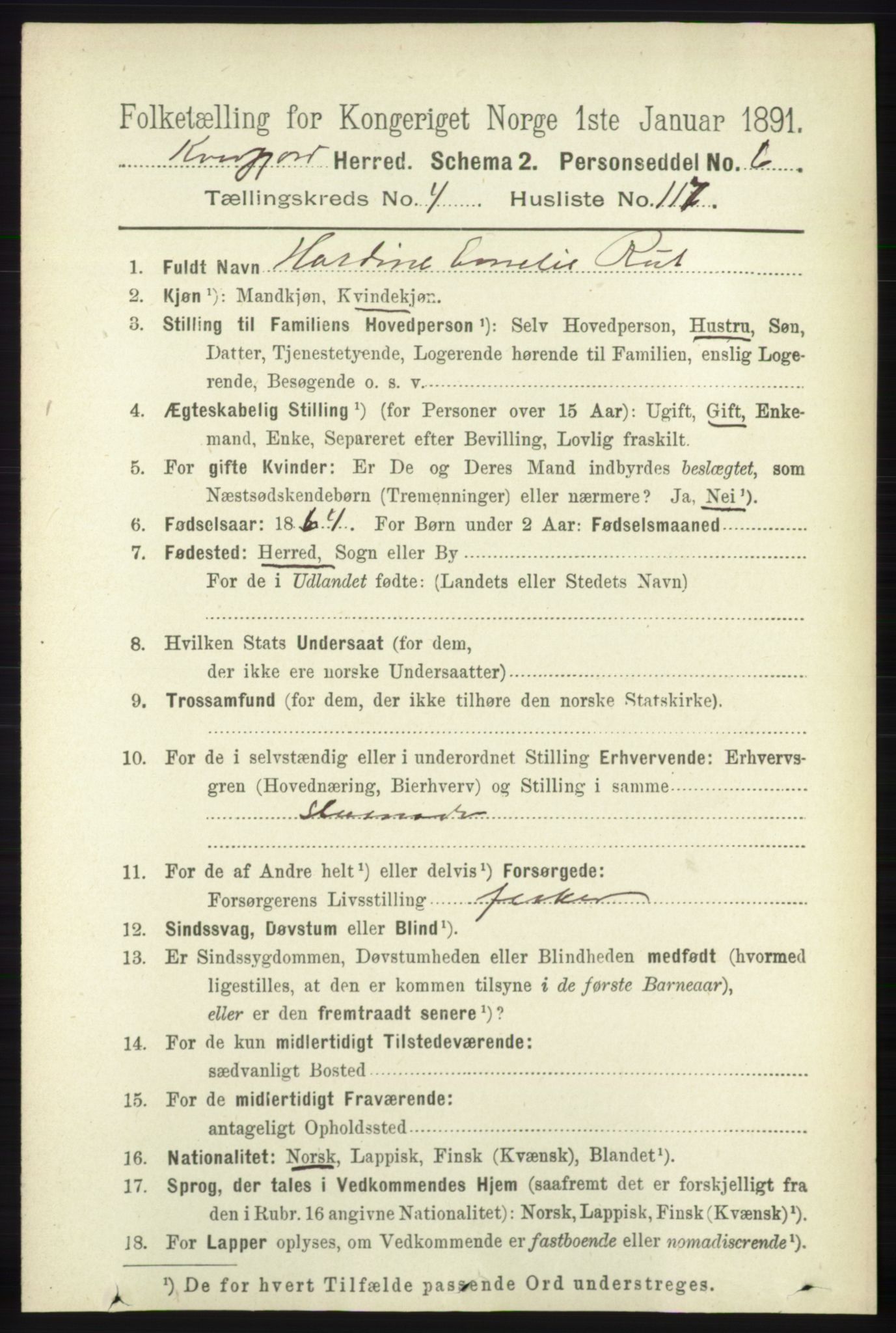 RA, 1891 census for 1911 Kvæfjord, 1891, p. 2644