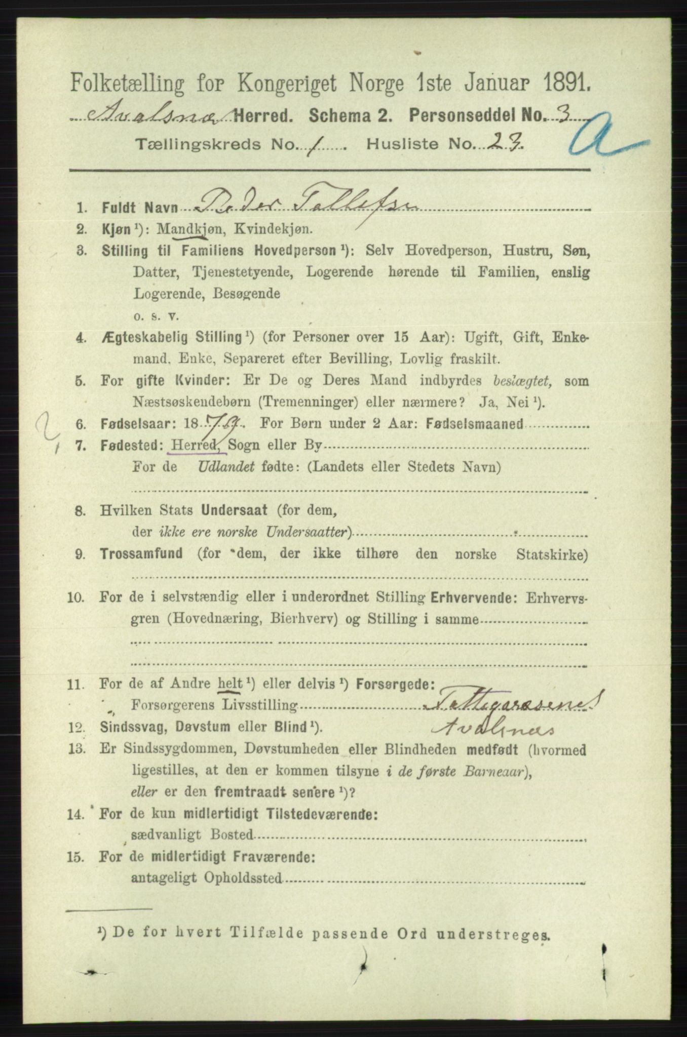 RA, 1891 census for 1147 Avaldsnes, 1891, p. 289