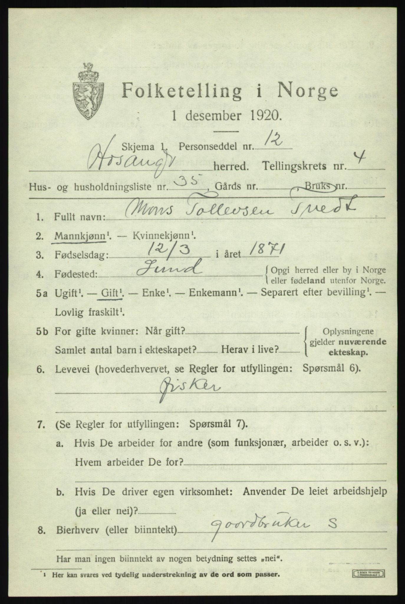 SAB, 1920 census for Hosanger, 1920, p. 2295