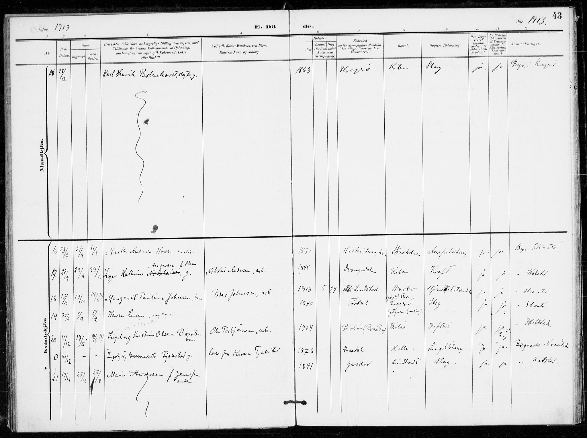 Skåtøy kirkebøker, SAKO/A-304/F/Fa/L0005: Parish register (official) no. I 5, 1901-1923, p. 43