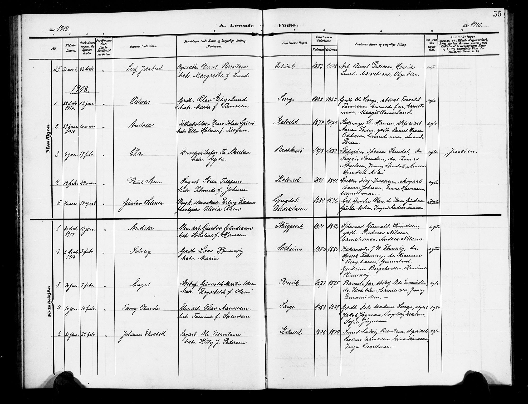 Vestre Moland sokneprestkontor, SAK/1111-0046/F/Fb/Fbb/L0007: Parish register (copy) no. B 7, 1906-1929, p. 55