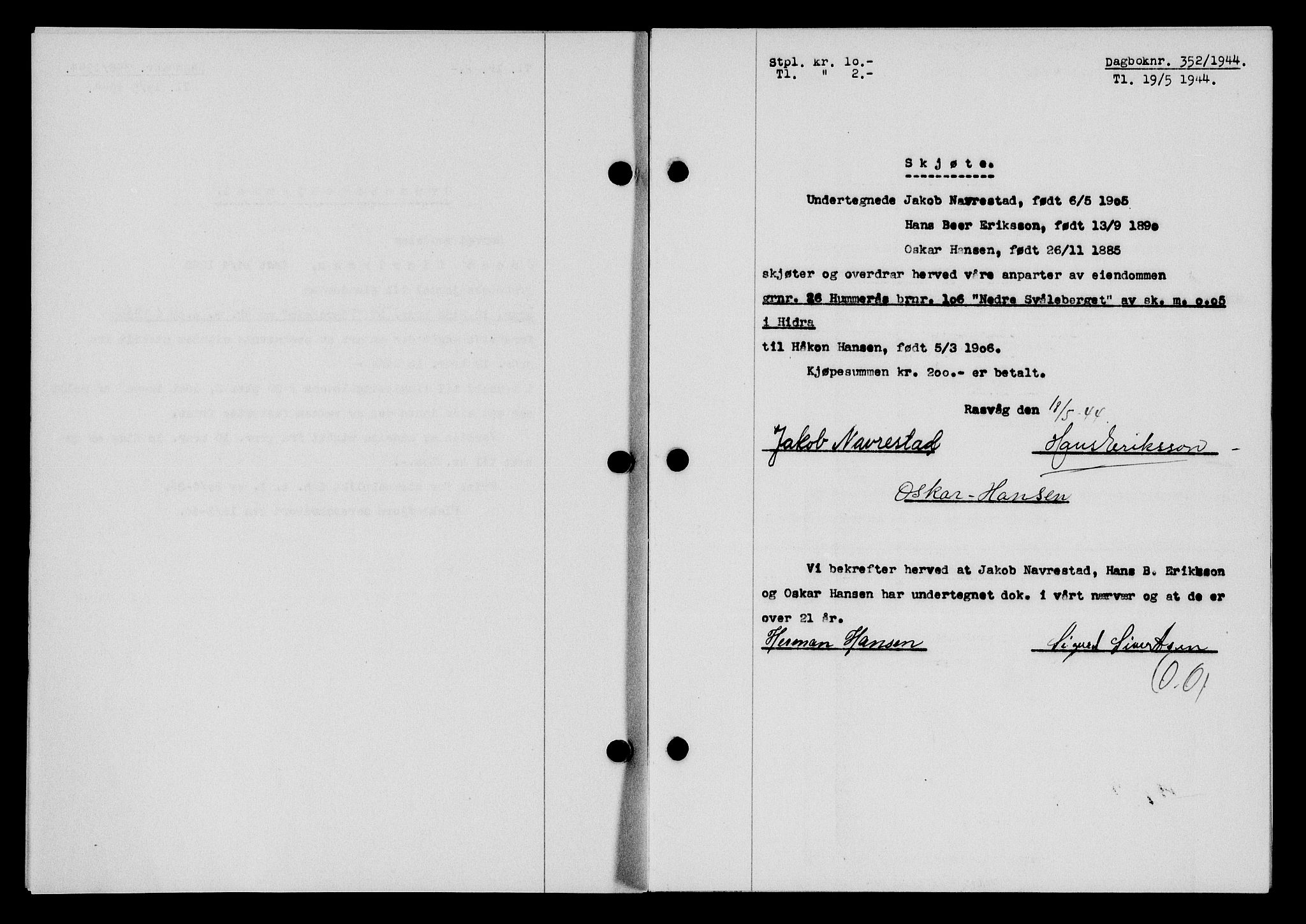 Flekkefjord sorenskriveri, SAK/1221-0001/G/Gb/Gba/L0059: Mortgage book no. A-7, 1944-1945, Diary no: : 352/1944