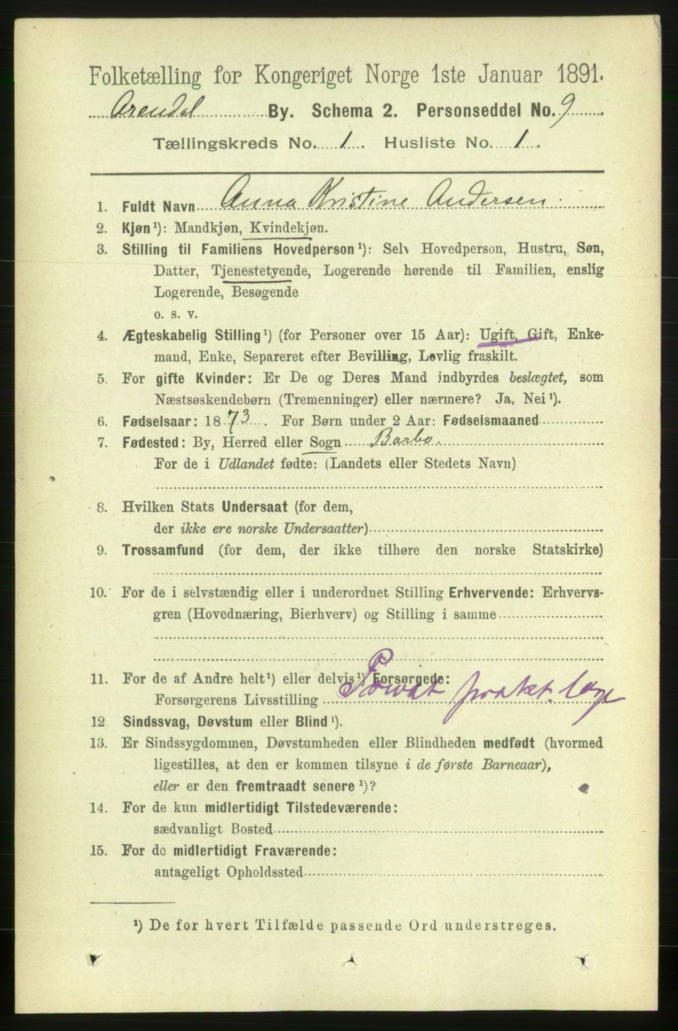 RA, 1891 census for 0903 Arendal, 1891, p. 935