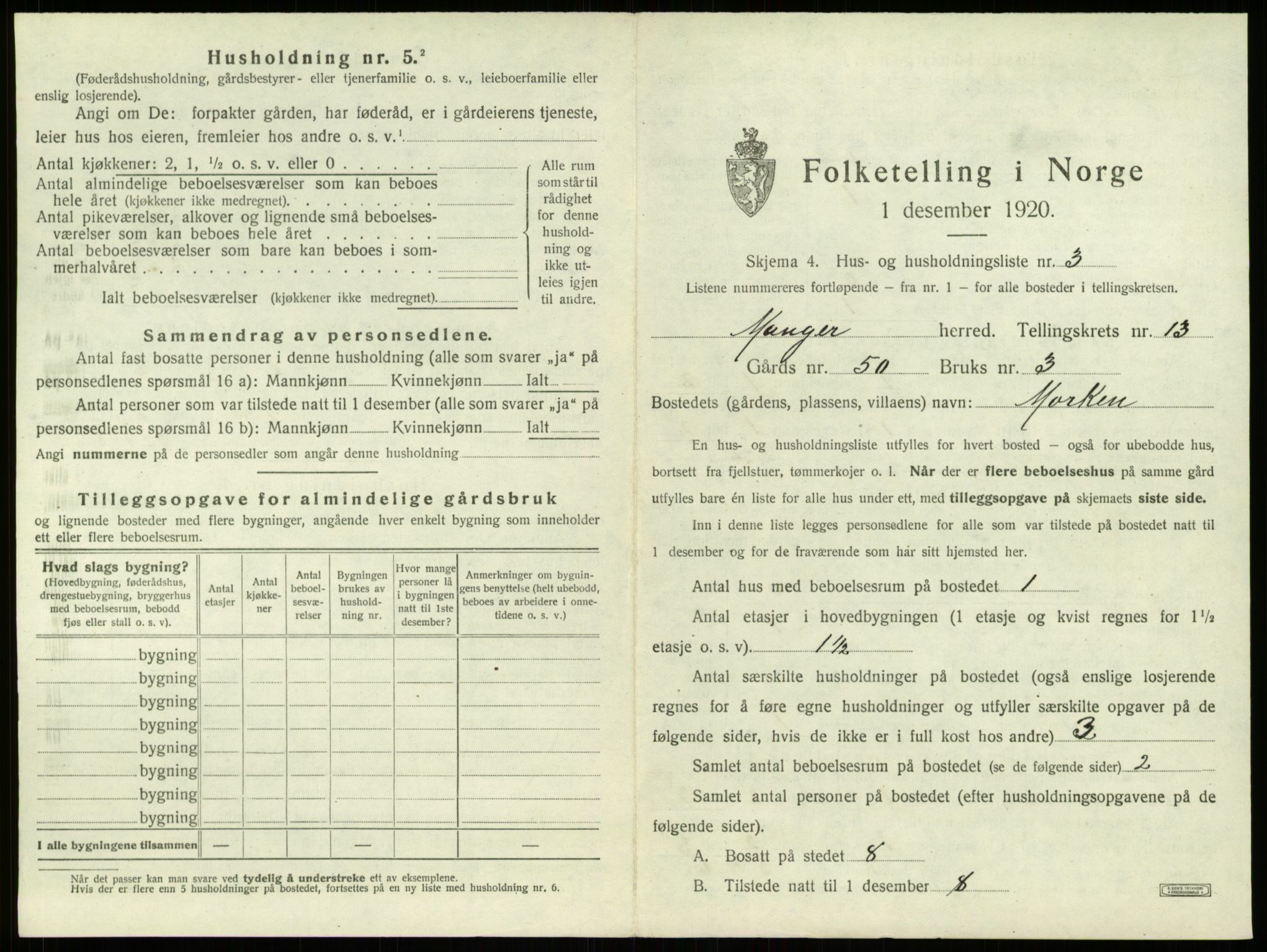 SAB, 1920 census for Manger, 1920, p. 1018