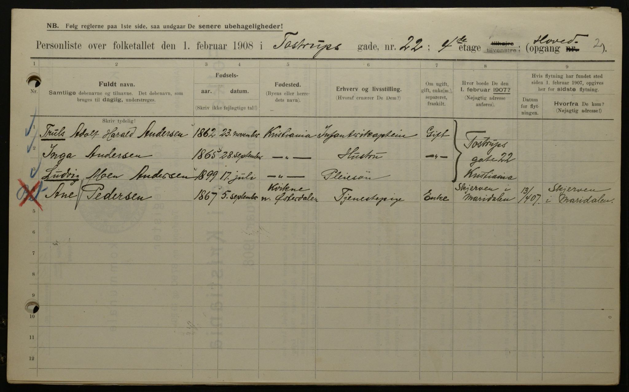 OBA, Municipal Census 1908 for Kristiania, 1908, p. 103699
