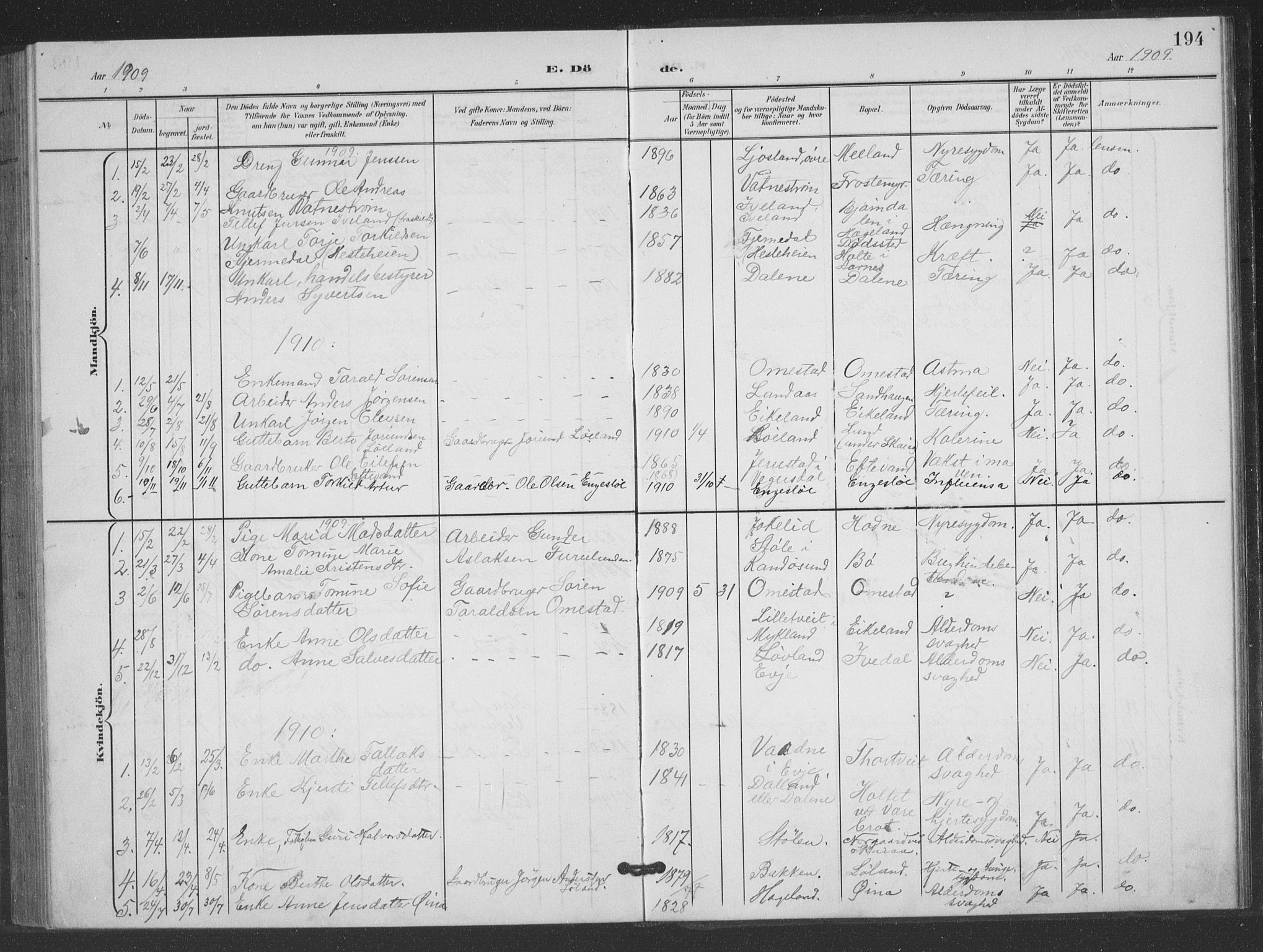 Evje sokneprestkontor, SAK/1111-0008/F/Fb/Fbc/L0005: Parish register (copy) no. B 5, 1901-1935, p. 194