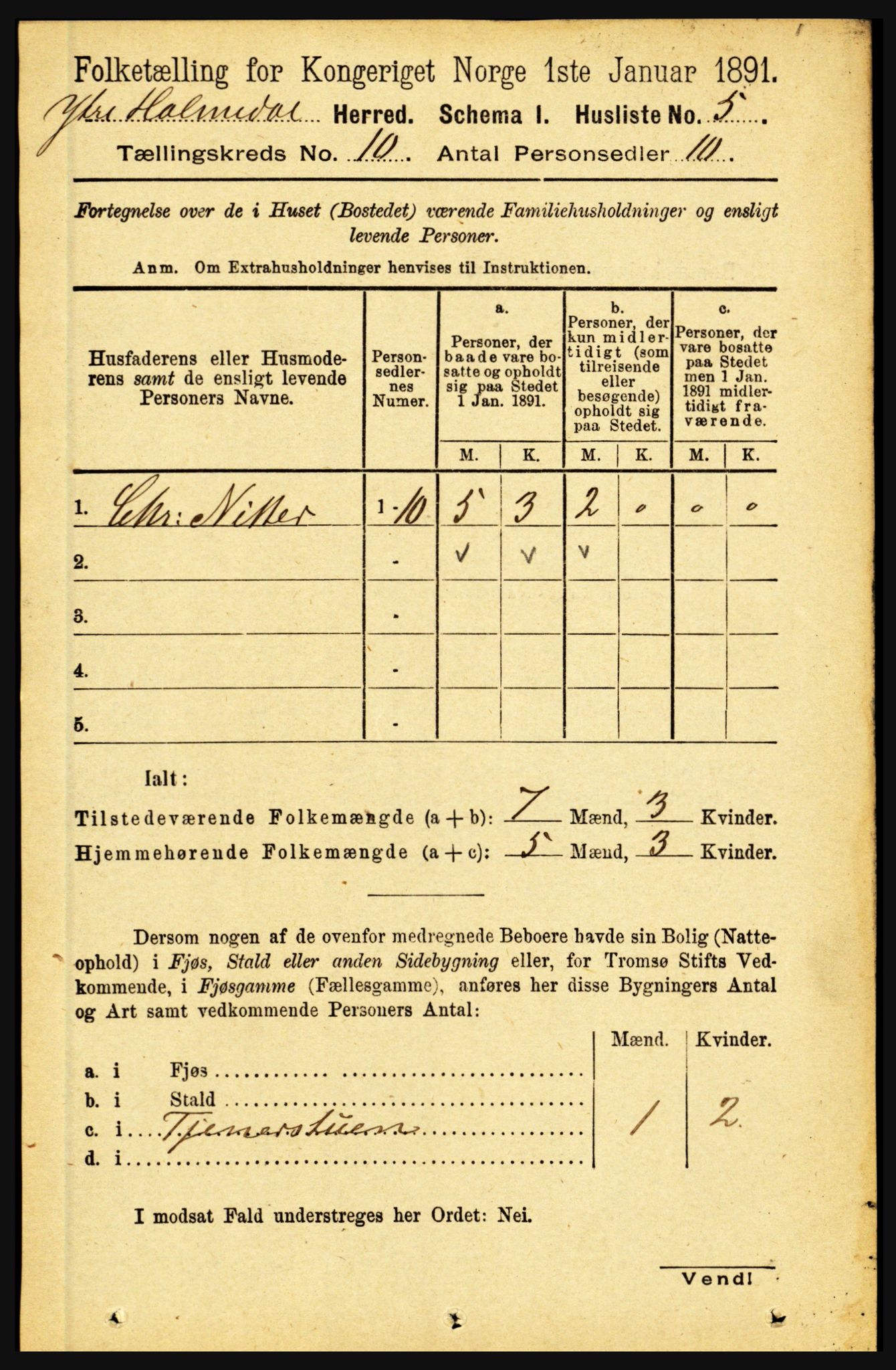 RA, 1891 census for 1429 Ytre Holmedal, 1891, p. 2232