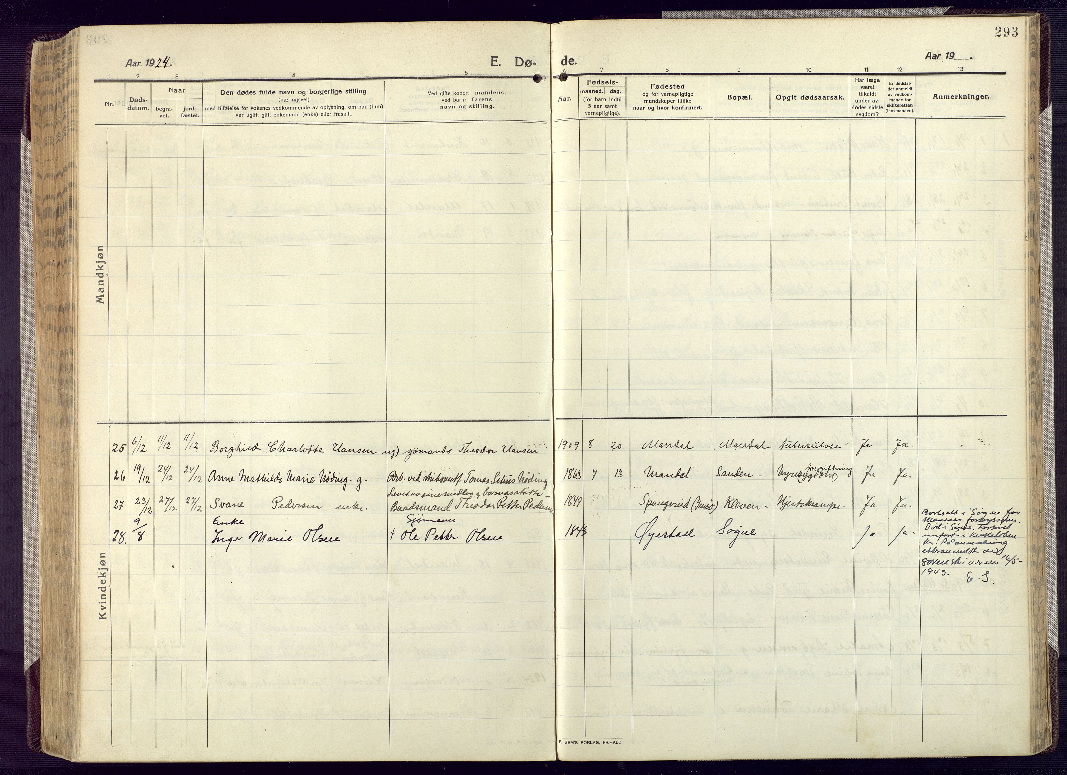 Mandal sokneprestkontor, AV/SAK-1111-0030/F/Fa/Fac/L0001: Parish register (official) no. A 1, 1913-1925, p. 293