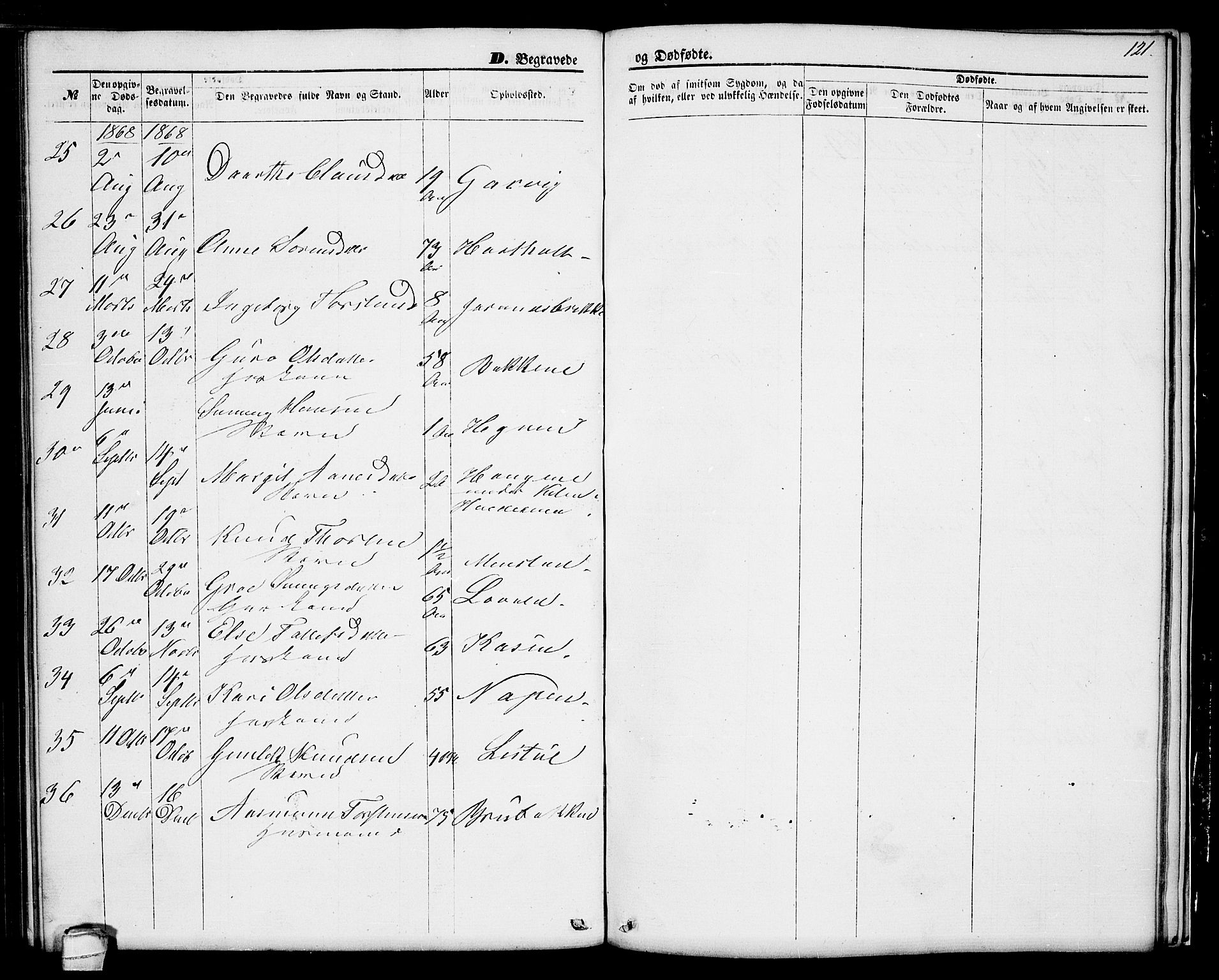 Seljord kirkebøker, AV/SAKO-A-20/G/Ga/L0003: Parish register (copy) no. I 3, 1866-1873, p. 121