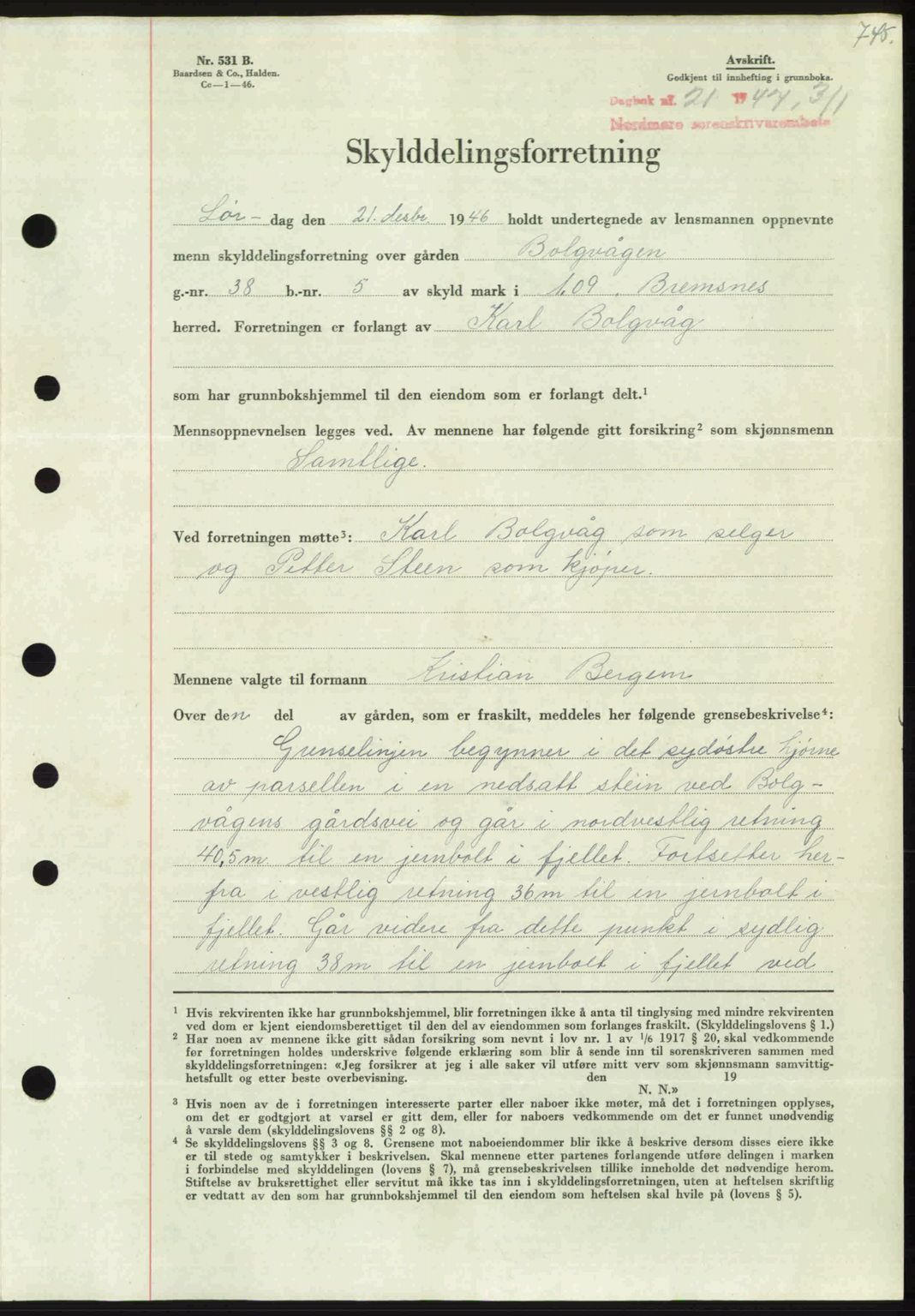 Nordmøre sorenskriveri, AV/SAT-A-4132/1/2/2Ca: Mortgage book no. A103, 1946-1947, Diary no: : 21/1947