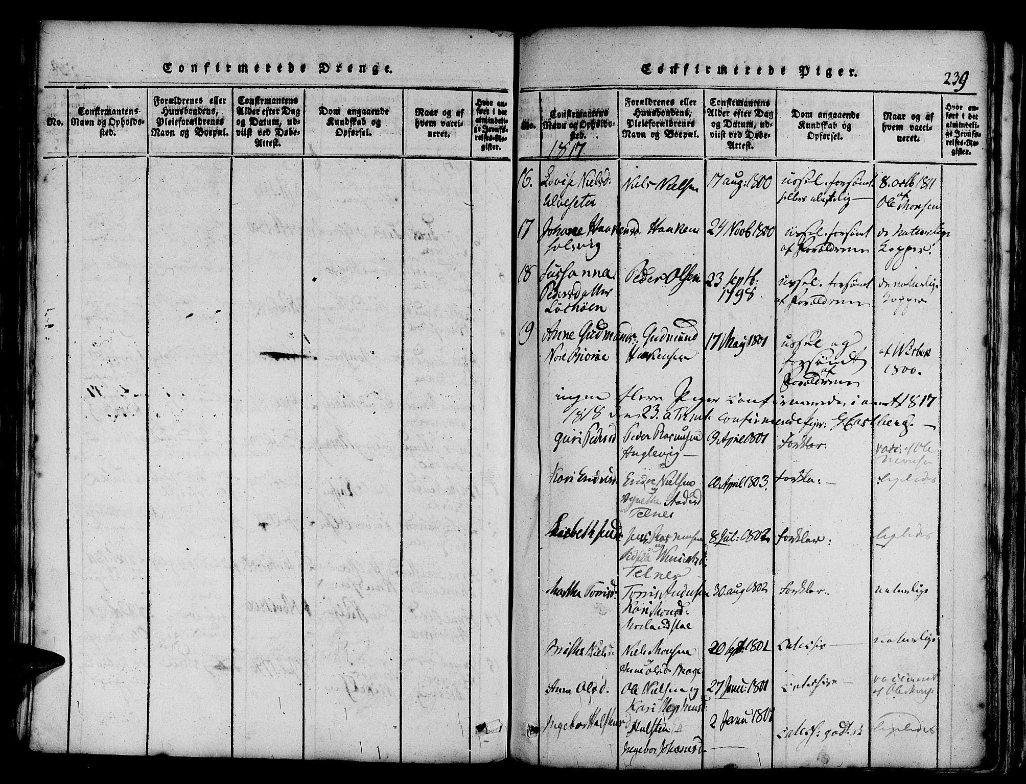 Askøy Sokneprestembete, AV/SAB-A-74101/H/Ha/Haa/Haaa/L0003: Parish register (official) no. A 3, 1815-1825, p. 239