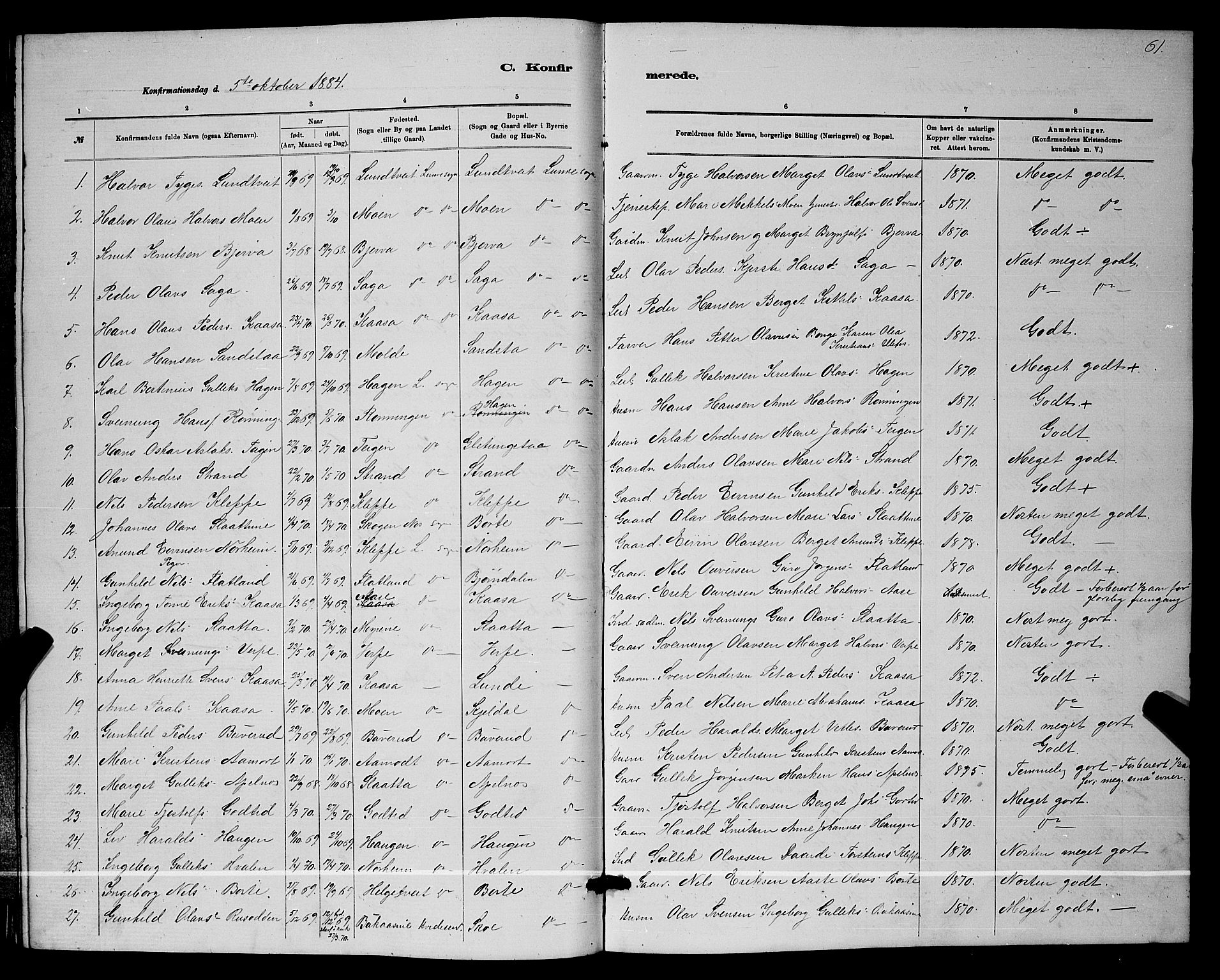 Lunde kirkebøker, SAKO/A-282/G/Ga/L0001b: Parish register (copy) no. I 1, 1879-1887, p. 61