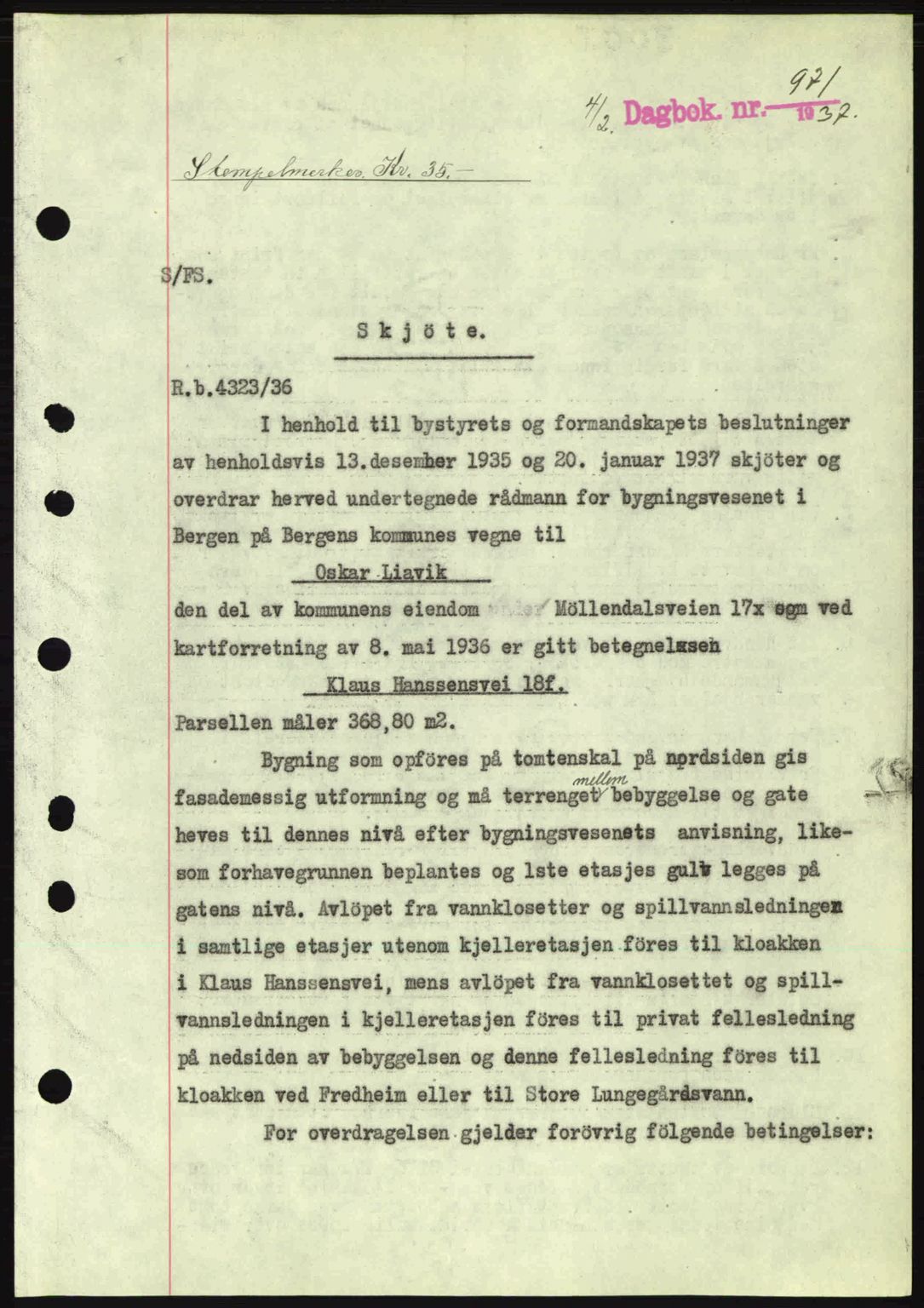 Byfogd og Byskriver i Bergen, SAB/A-3401/03/03Bc/L0004: Mortgage book no. A3-4, 1936-1937, Diary no: : 971/1937