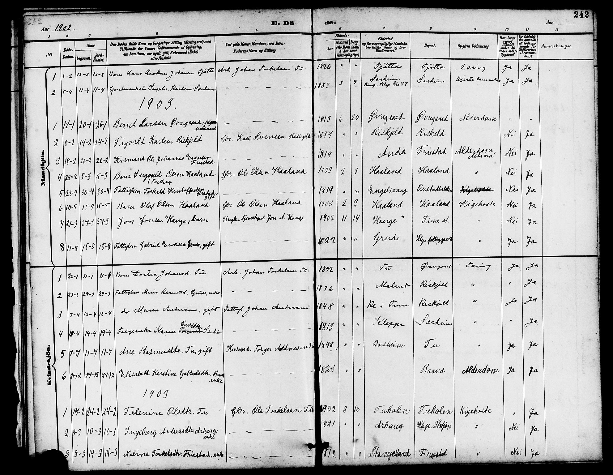 Klepp sokneprestkontor, SAST/A-101803/001/3/30BB/L0004: Parish register (copy) no. B 4, 1889-1914, p. 242