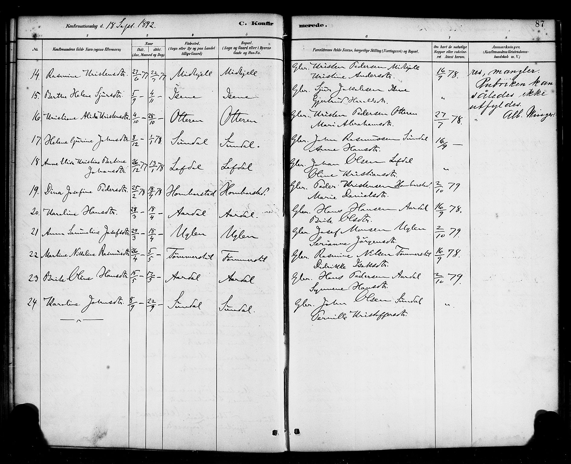 Davik sokneprestembete, AV/SAB-A-79701/H/Haa/Haab/L0001: Parish register (official) no. B 1, 1882-1900, p. 87