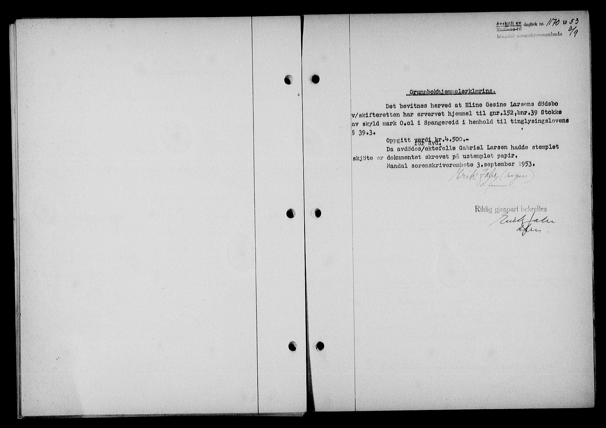 Mandal sorenskriveri, SAK/1221-0005/001/G/Gb/Gba/L0087: Mortgage book no. A-24, 1953-1953, Diary no: : 1170/1953