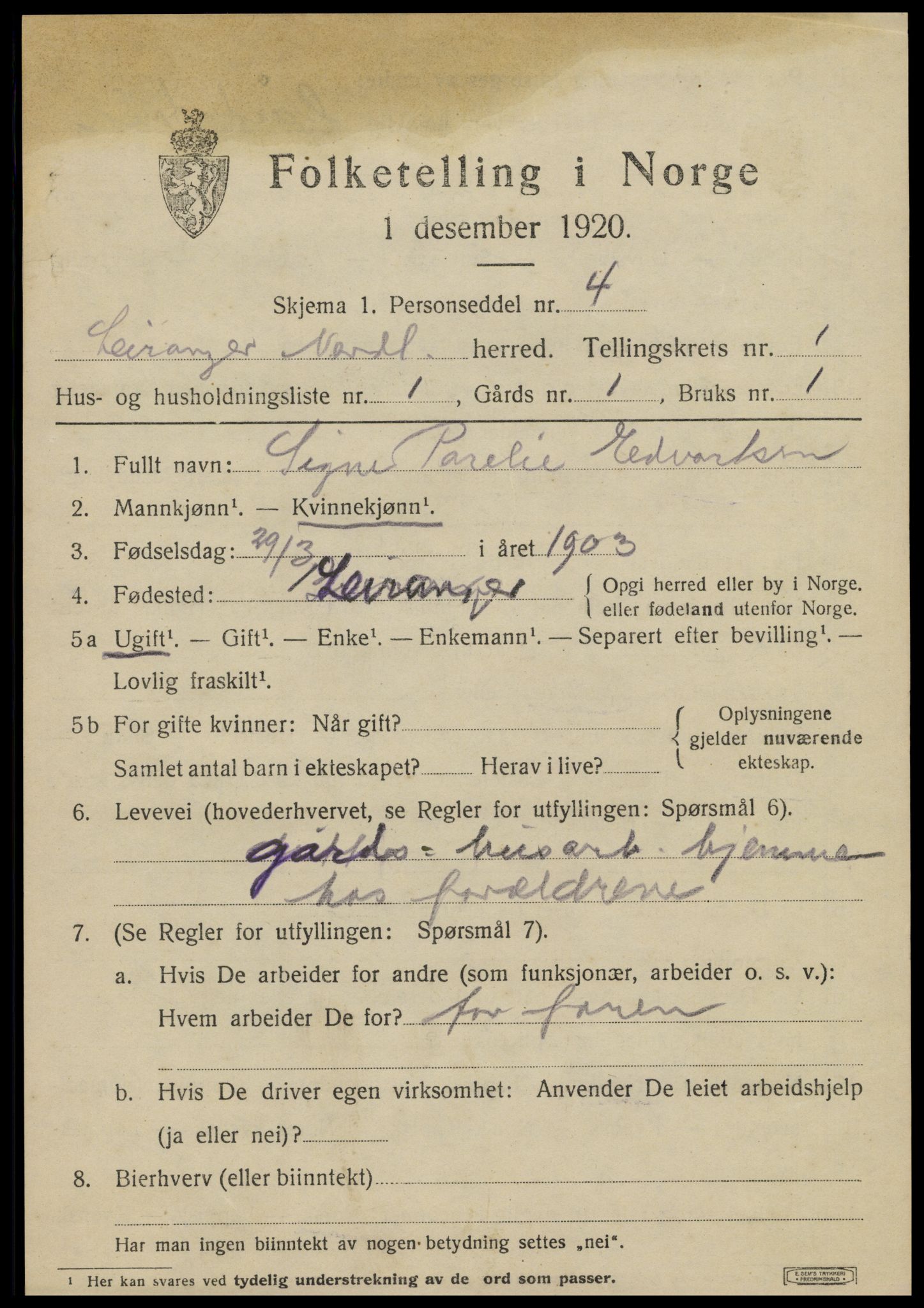 SAT, 1920 census for Leiranger, 1920, p. 467