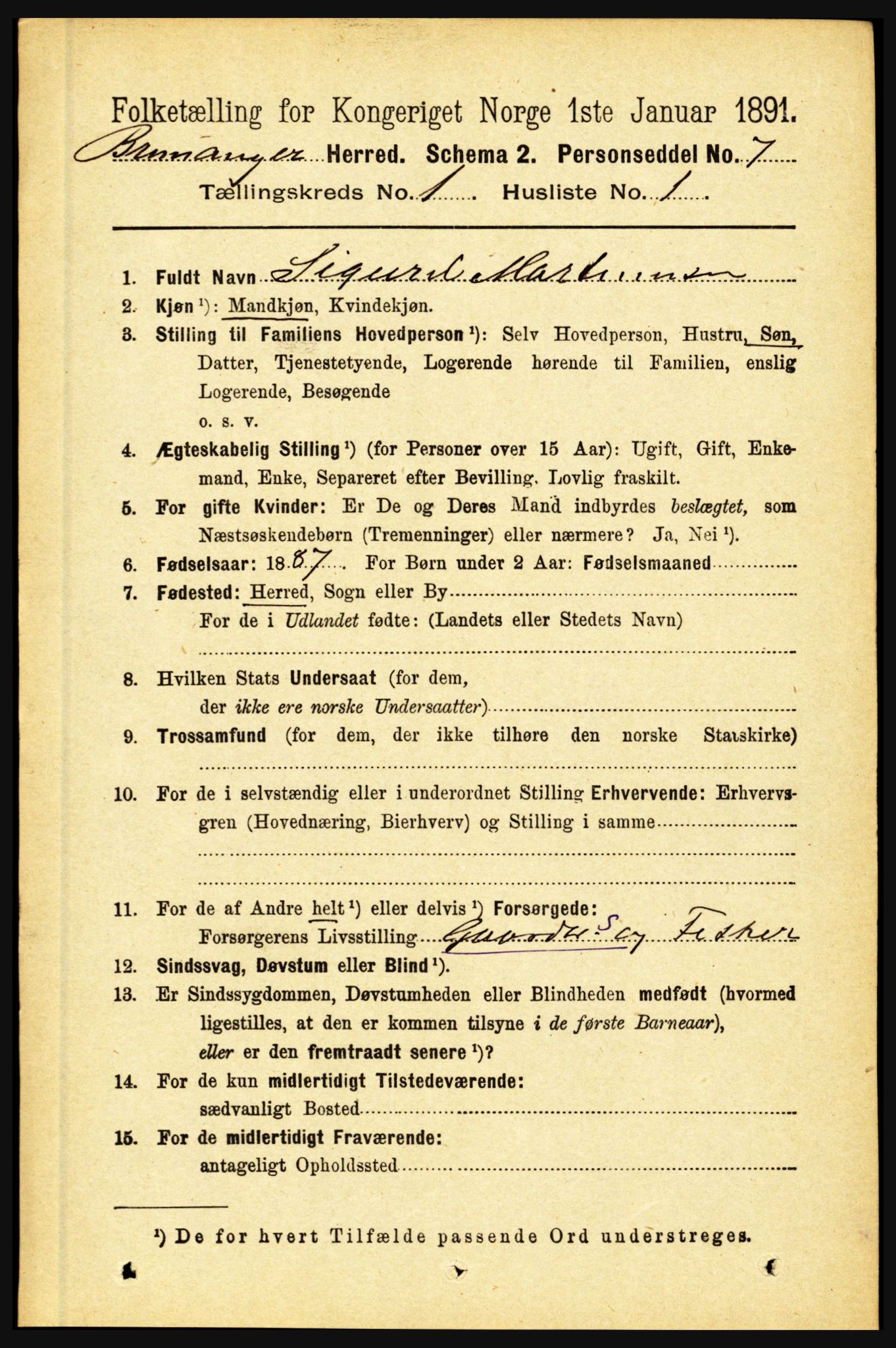 RA, 1891 census for 1438 Bremanger, 1891, p. 105