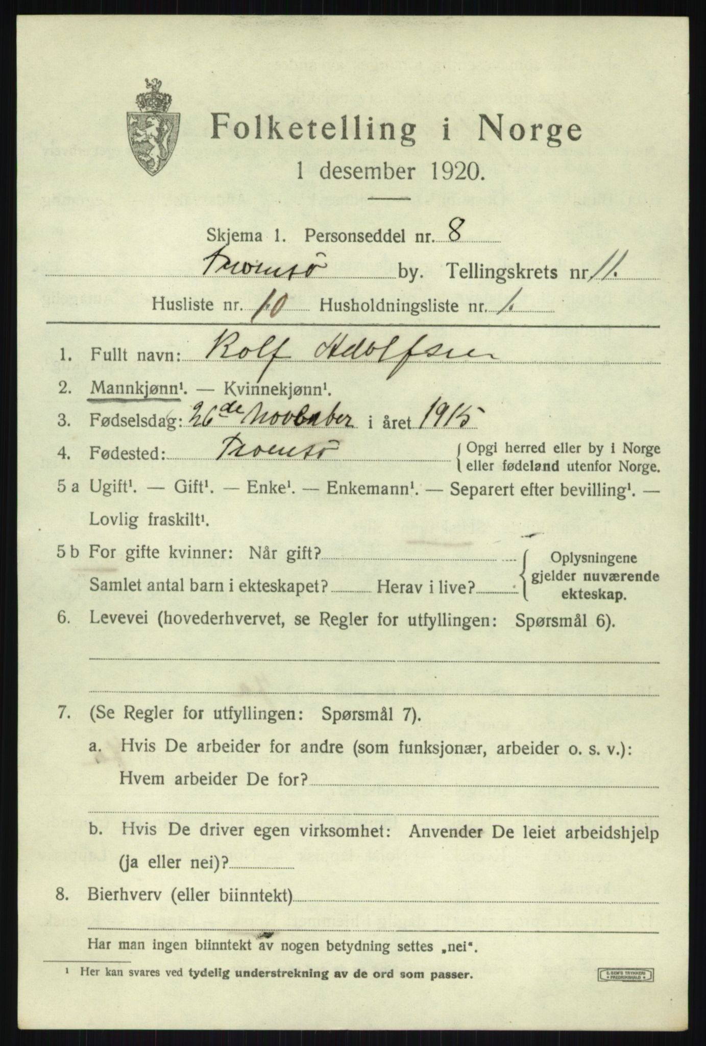 SATØ, 1920 census for Tromsø, 1920, p. 22149