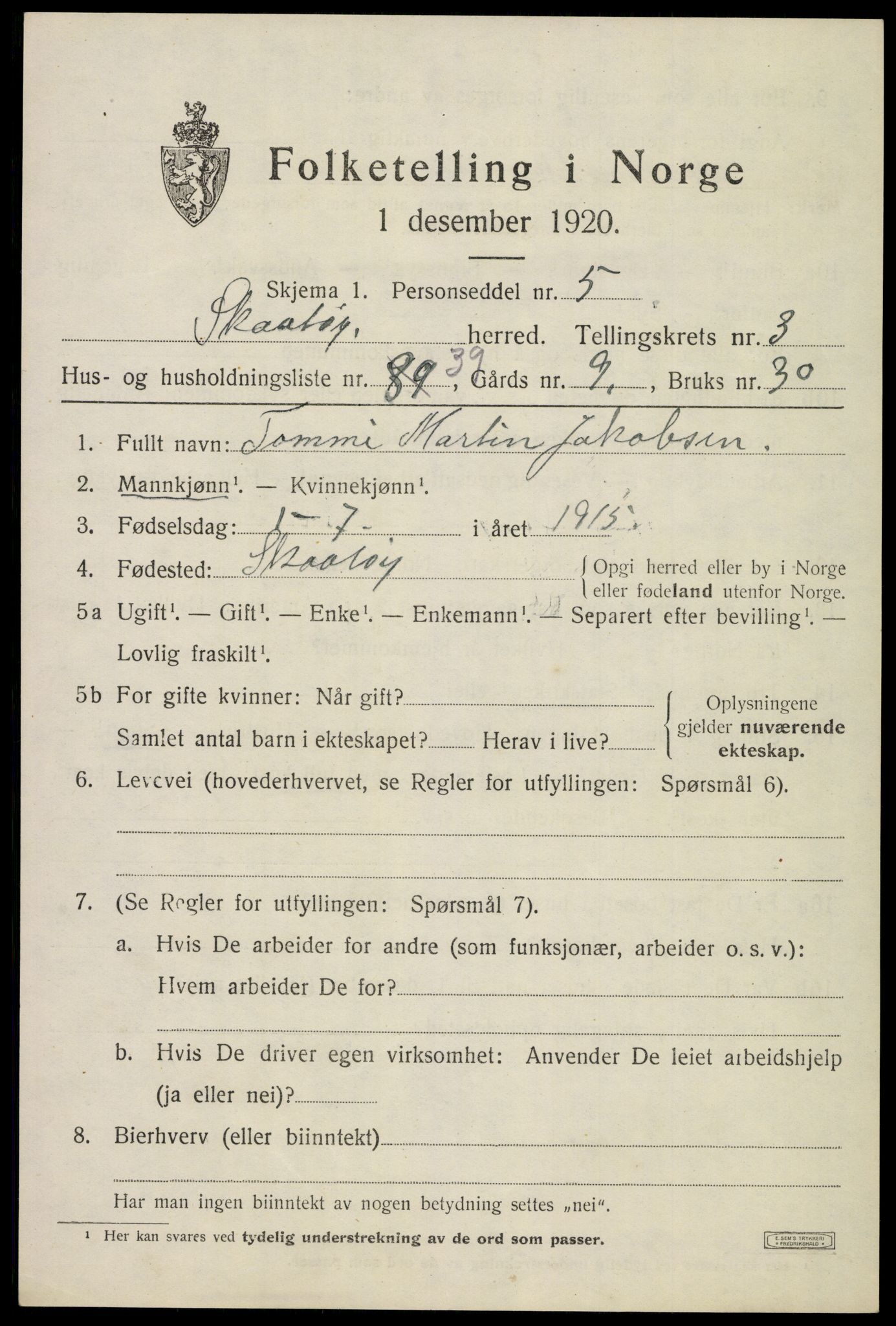 SAKO, 1920 census for Skåtøy, 1920, p. 3112