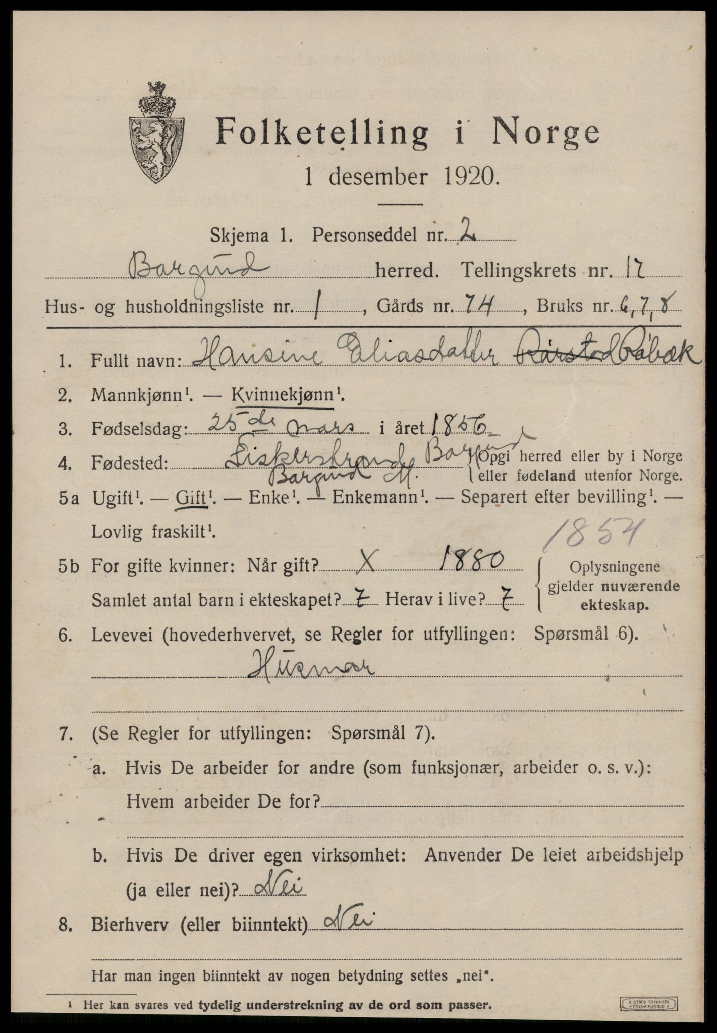 SAT, 1920 census for Borgund, 1920, p. 12542