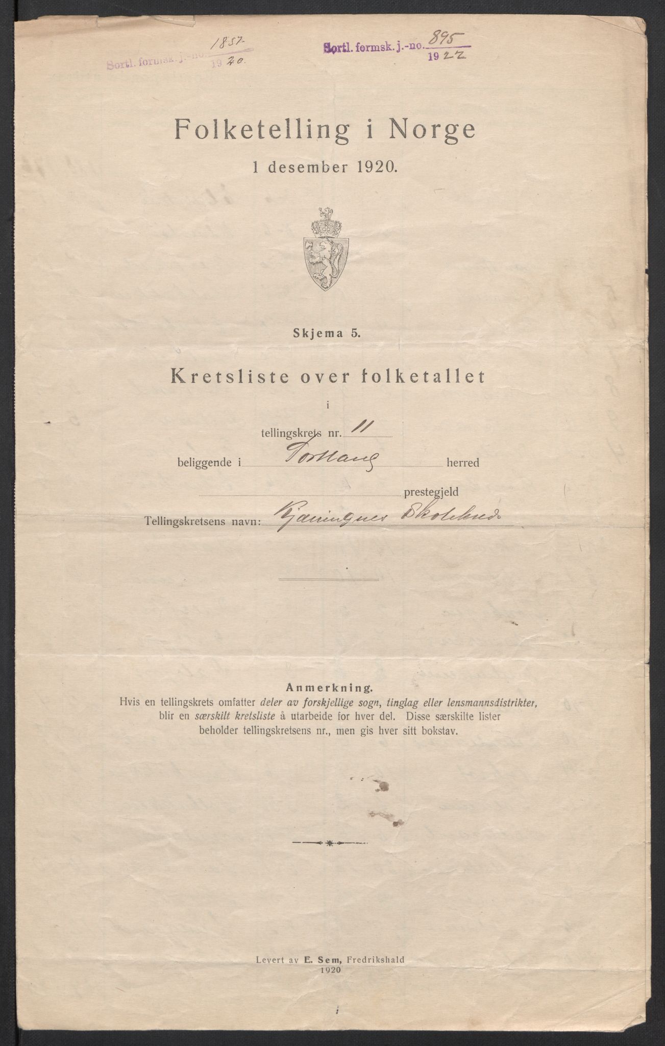 SAT, 1920 census for Sortland, 1920, p. 44