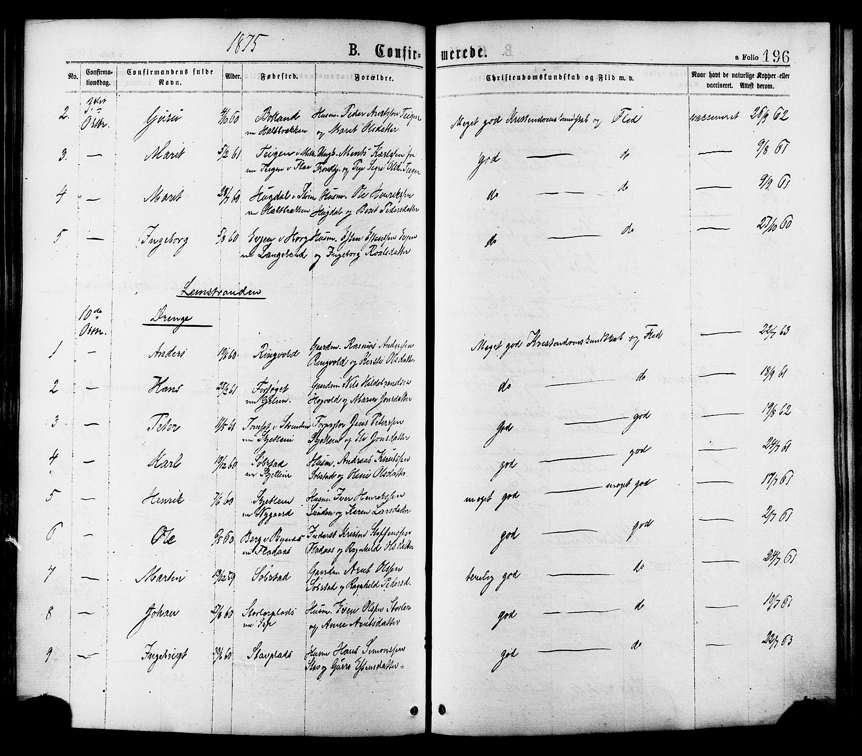 Ministerialprotokoller, klokkerbøker og fødselsregistre - Sør-Trøndelag, AV/SAT-A-1456/691/L1079: Parish register (official) no. 691A11, 1873-1886, p. 196