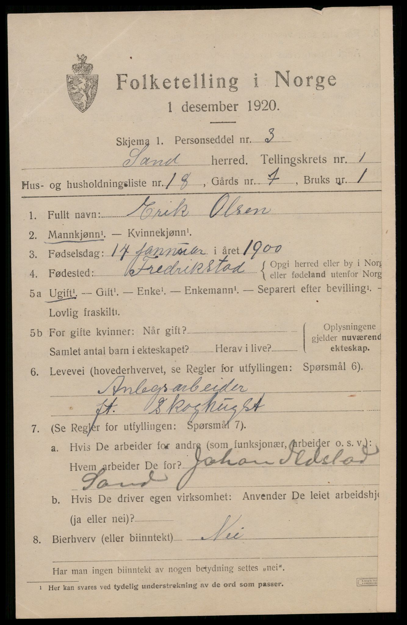 SAST, 1920 census for Sand, 1920, p. 787