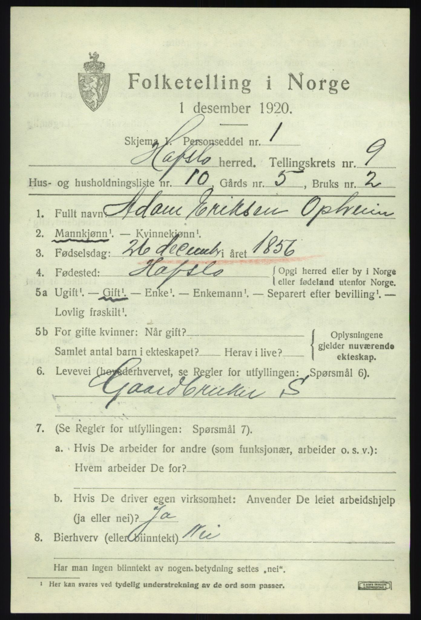 SAB, 1920 census for Hafslo, 1920, p. 6416